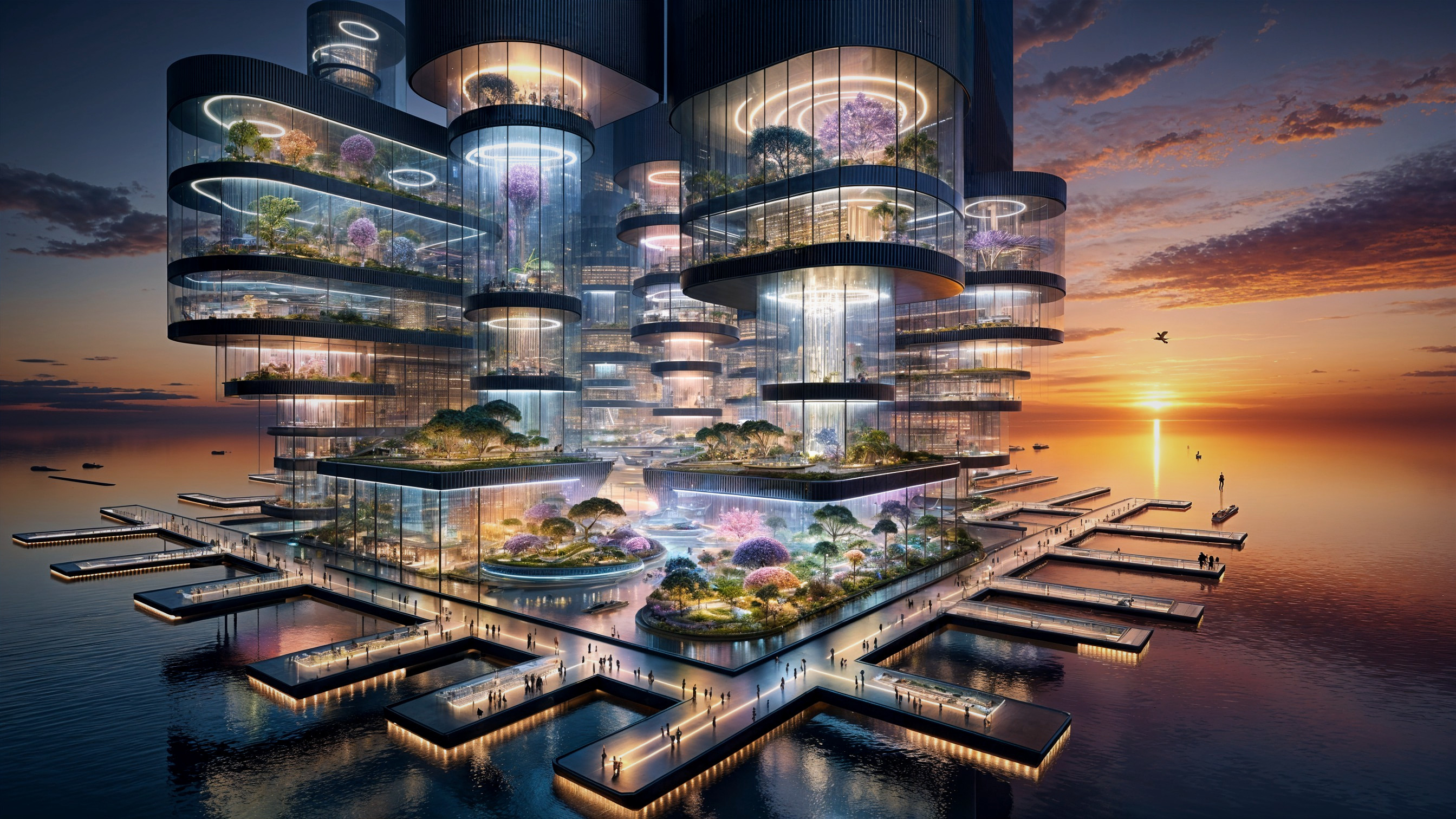 Futuristic Urban Structure with Gardens by Water