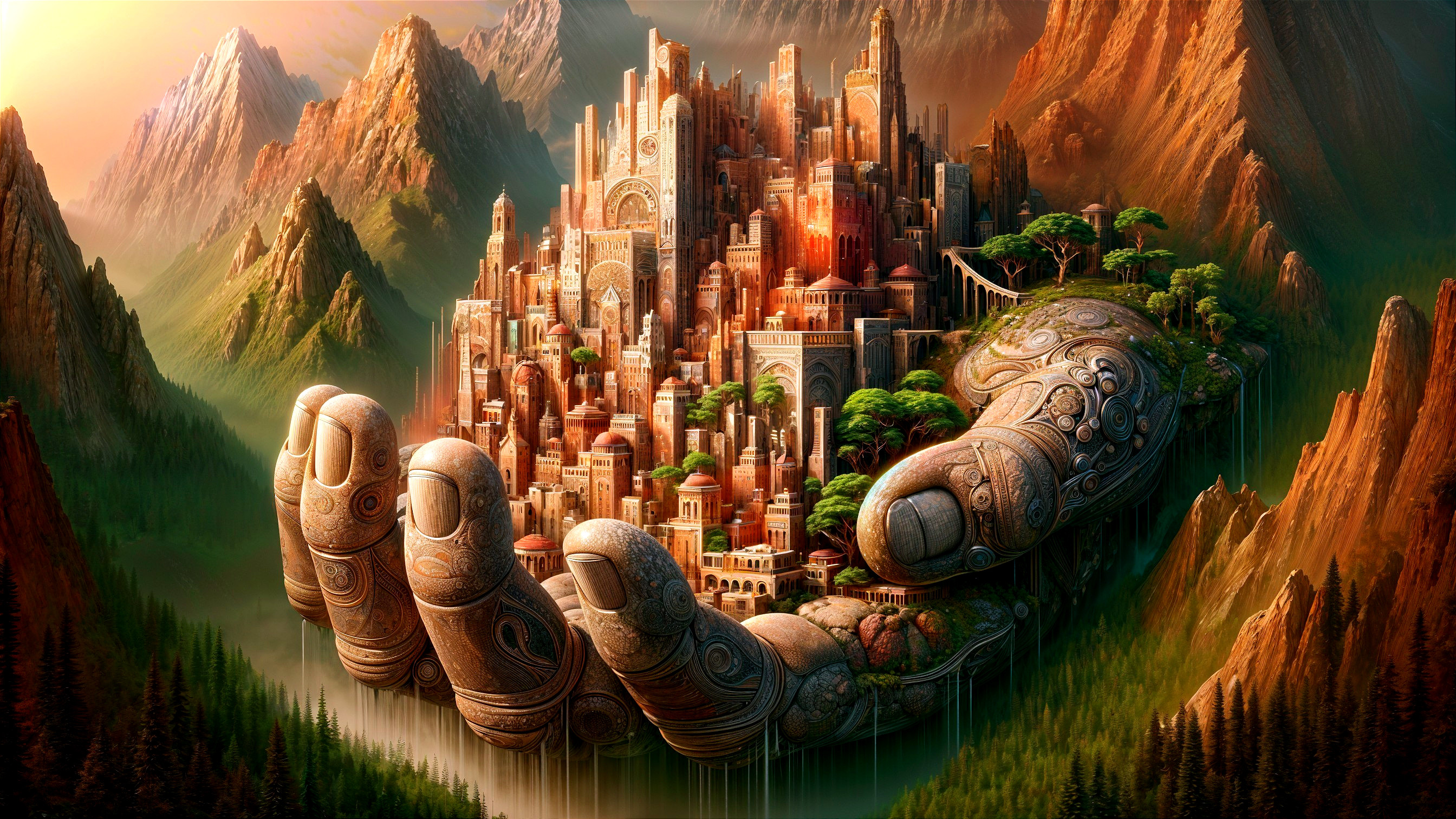 City on a Giant Hand Surrounded by Majestic Mountains
