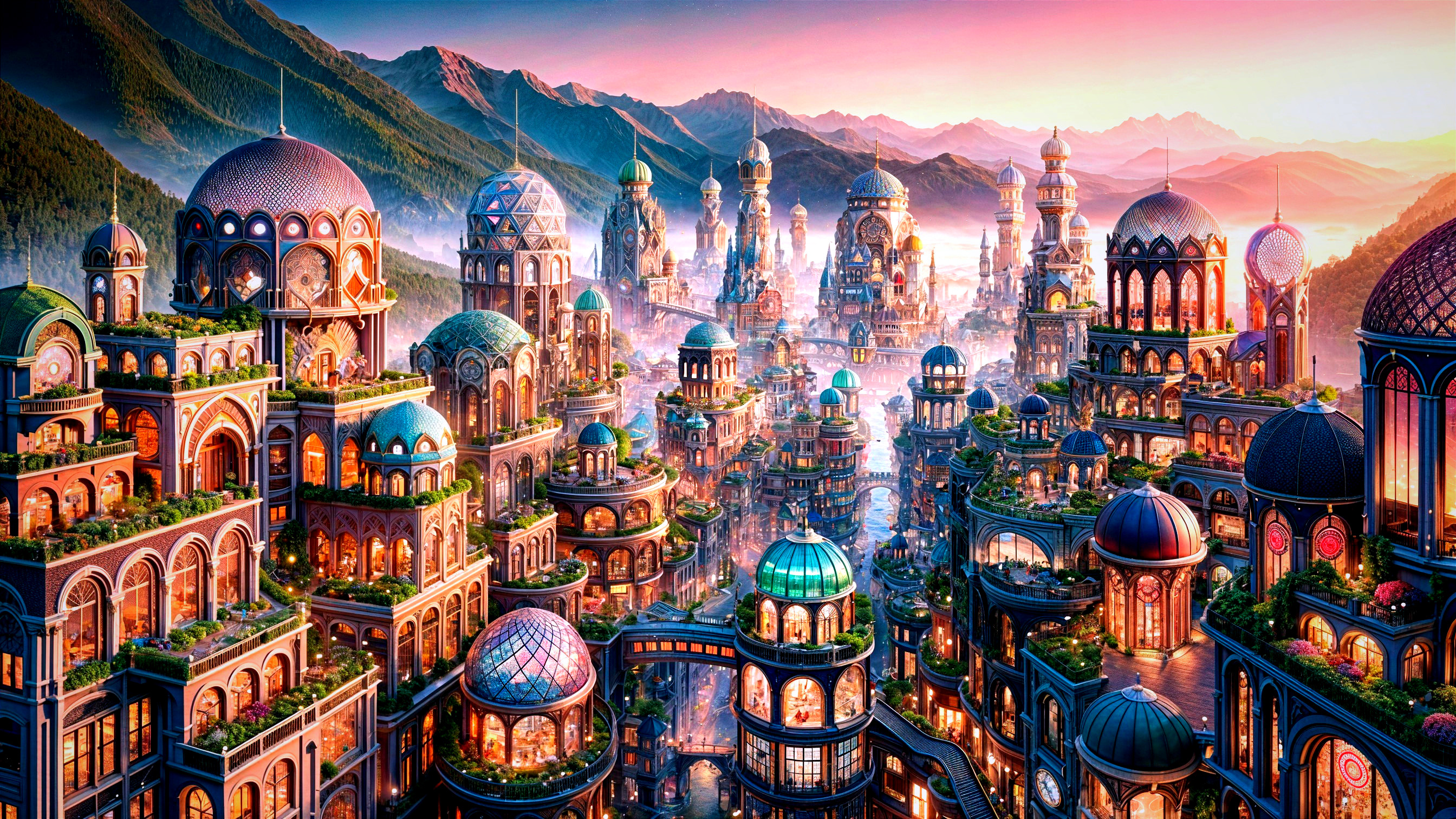 Dusk Cityscape with Ornate Architecture and Mountains