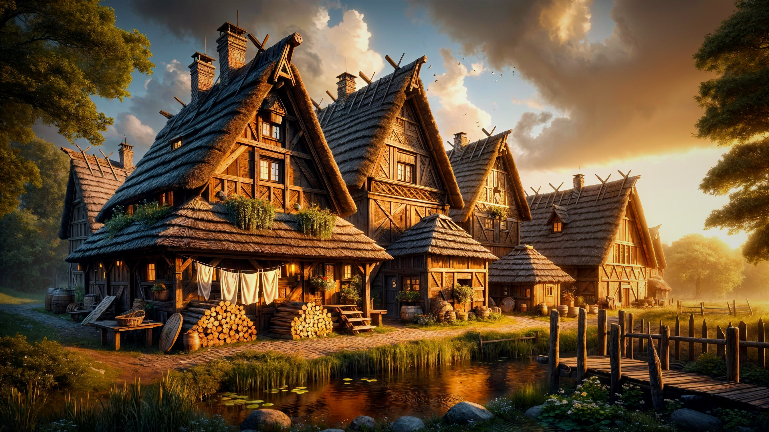 Charming Village Scene with Wooden Houses and Pond
