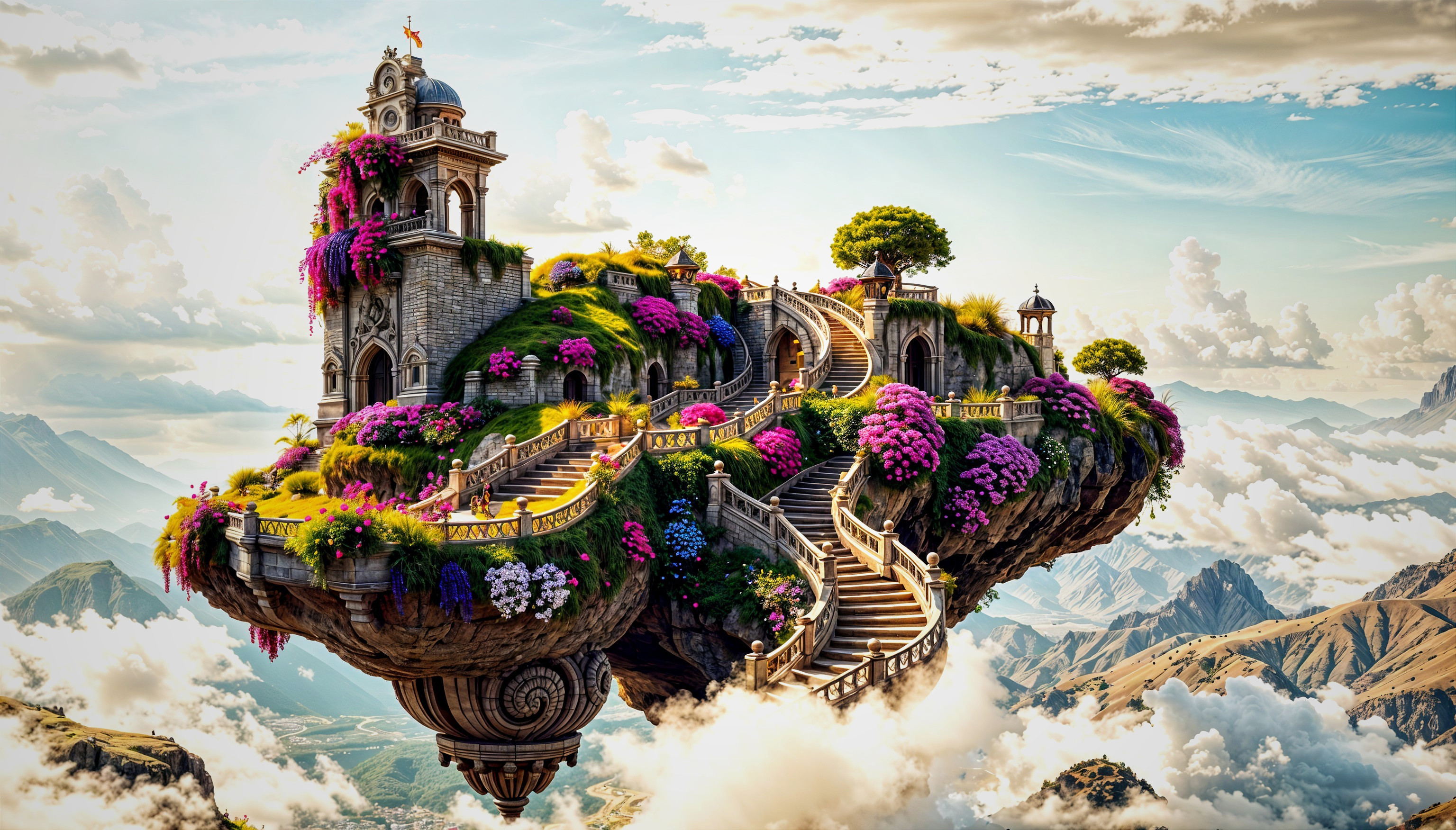 Floating Island with Flowers, Greenery, and Tower