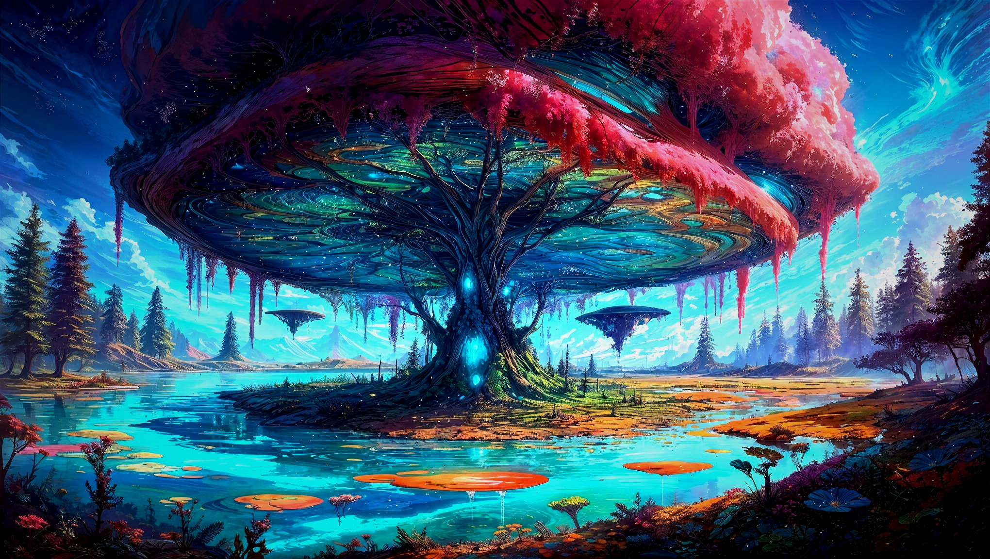 Vibrant Otherworldly Landscape with Colorful Tree