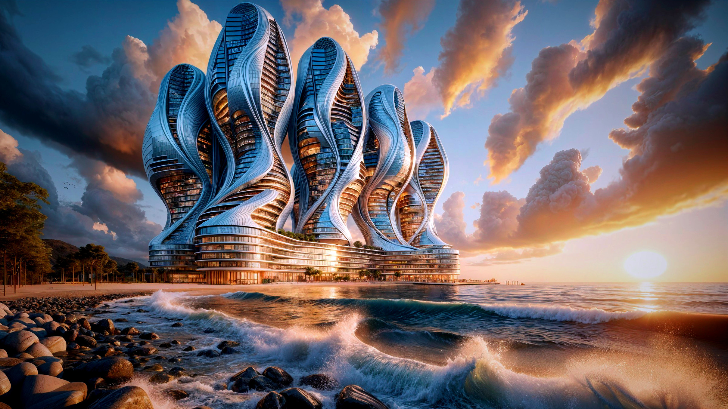 Futuristic Coastal Architecture with Fluid Design Elements