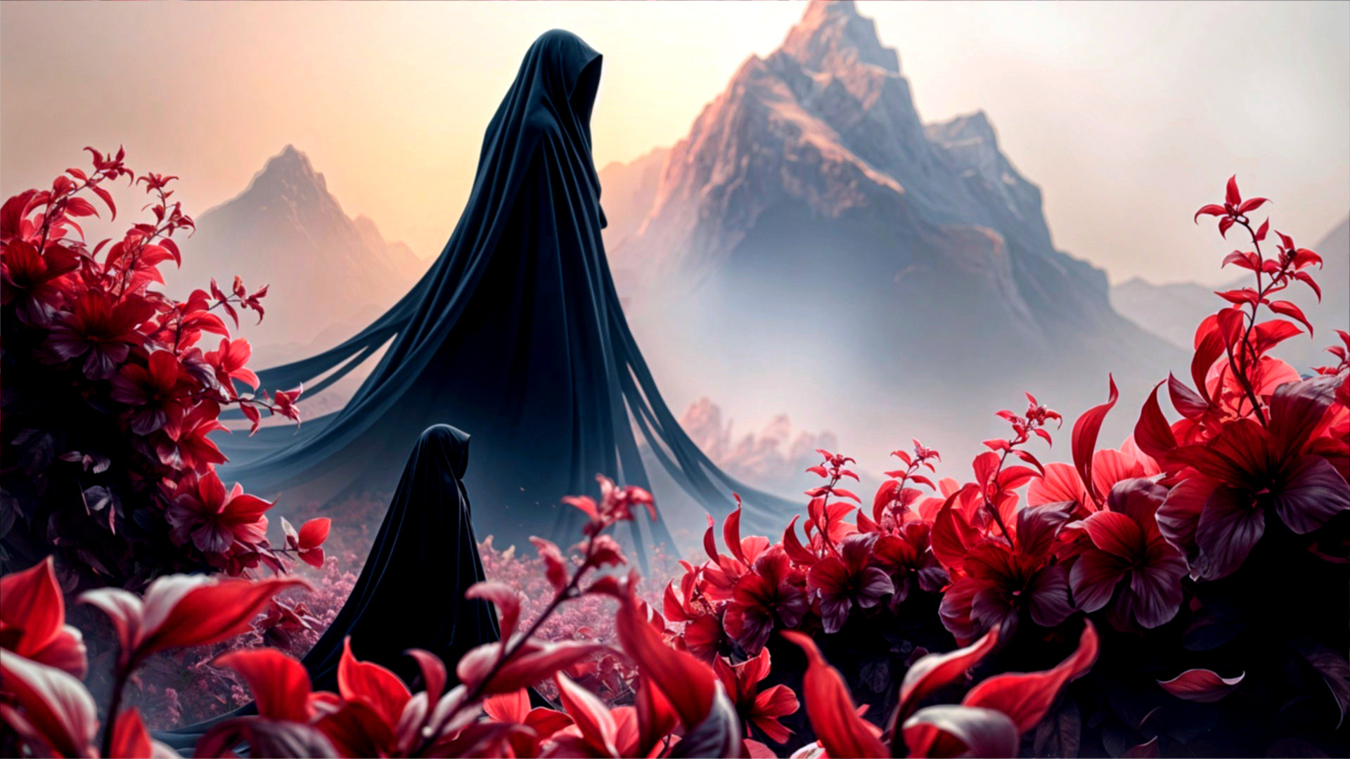 Surreal Landscape with Figures and Vibrant Flowers