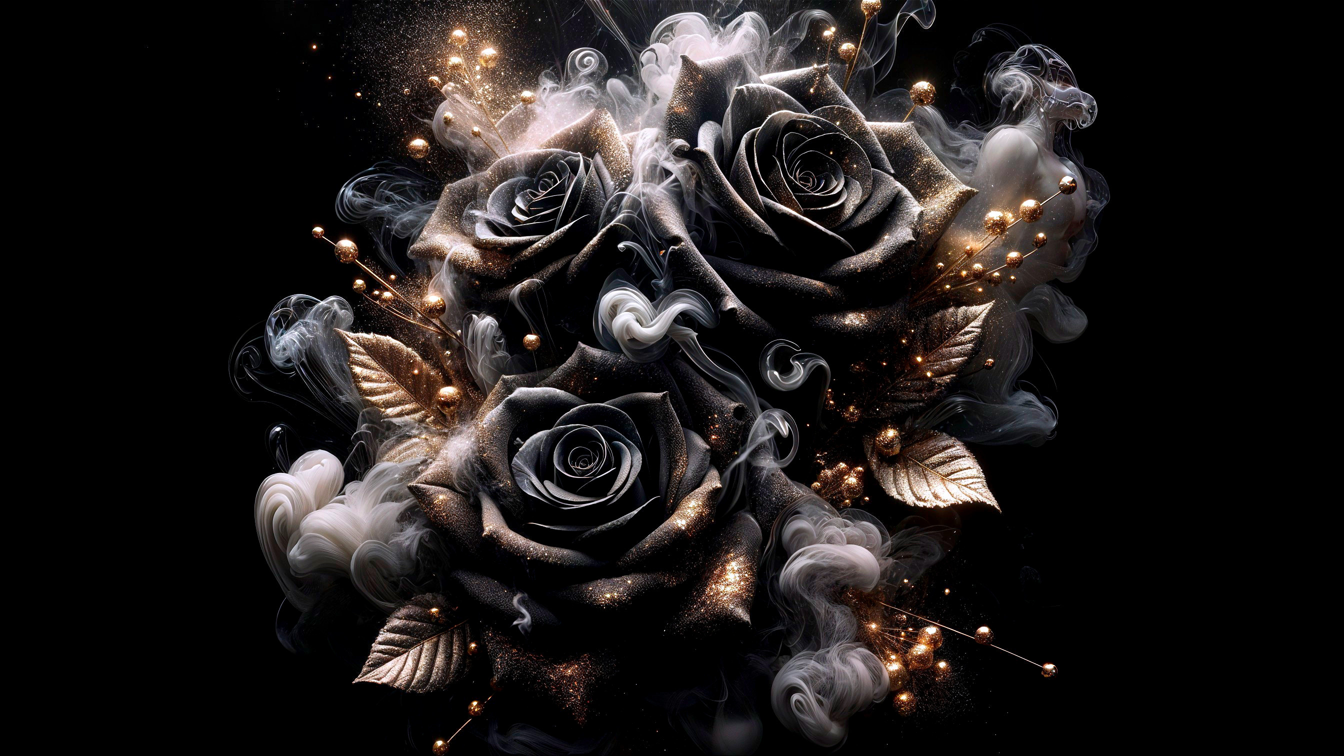 Three Black Roses with Golden Accents and Smoke