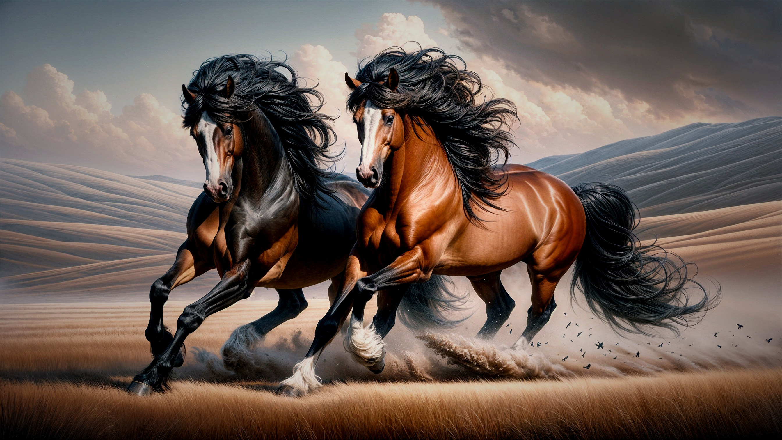 Horses Galloping in a Golden Field with Dramatic Sky