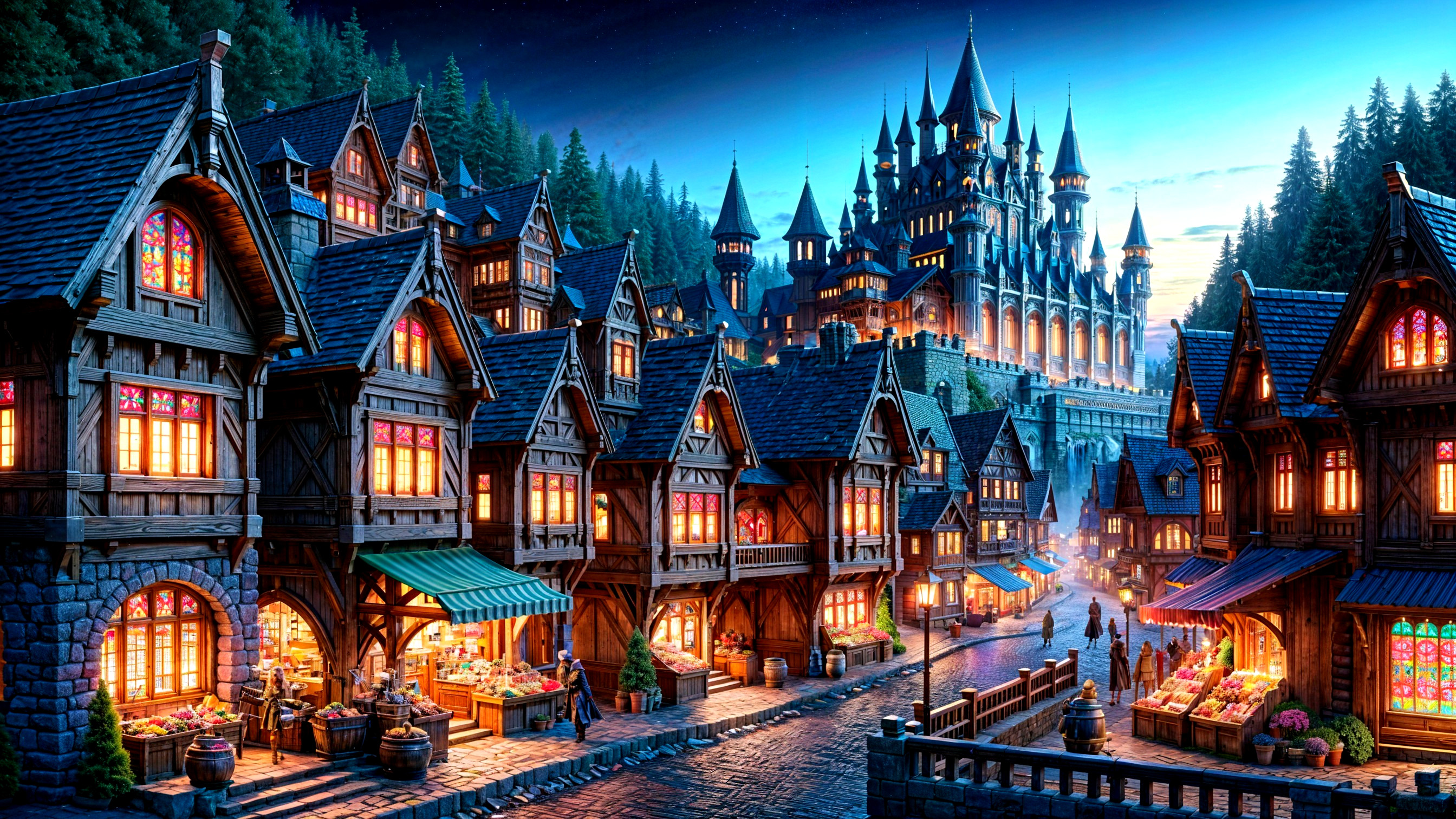 Vibrant Fantasy Village Under Twilight Sky