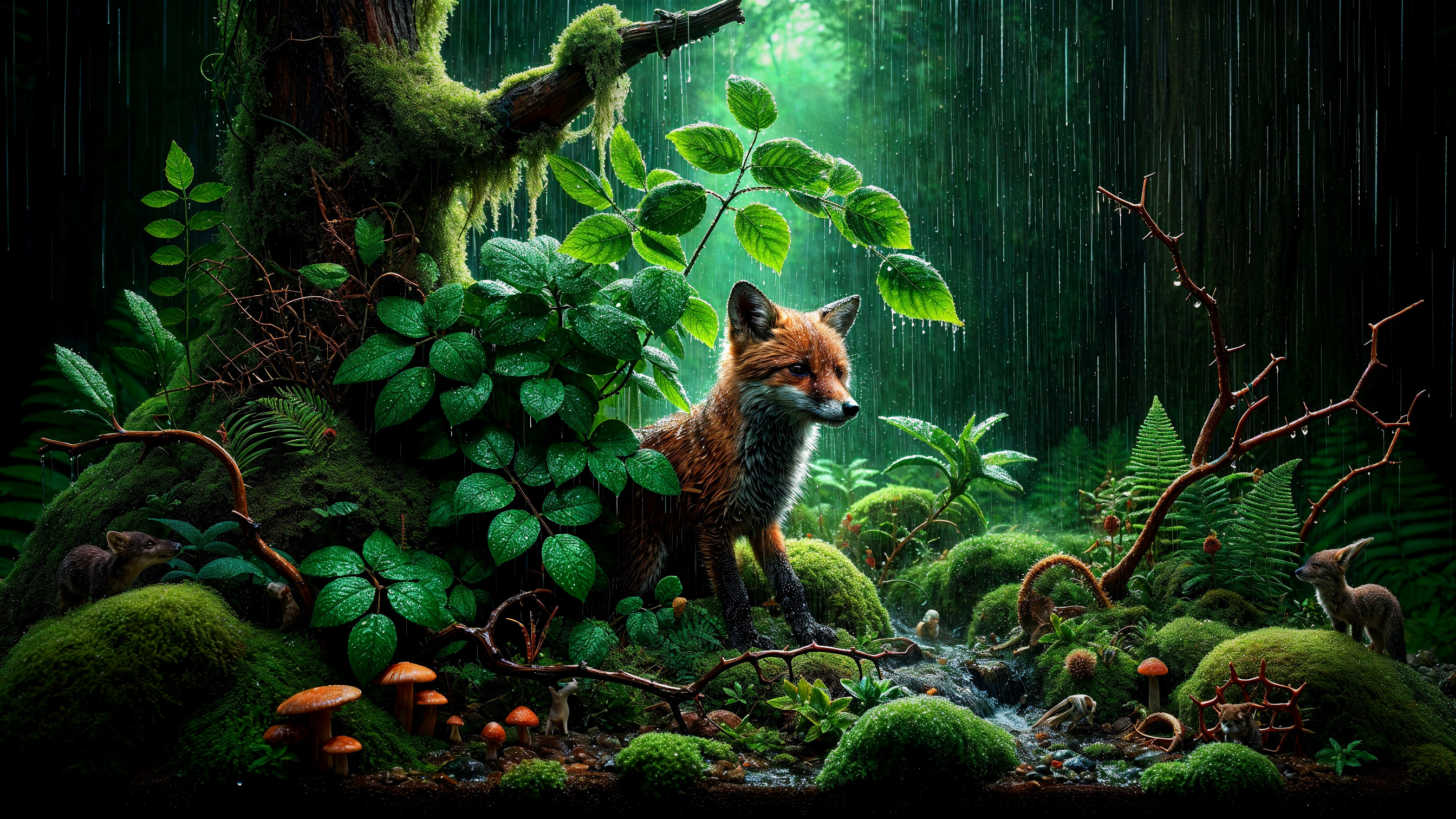 Fox in a Lush Forest Scene with Diverse Ecosystem