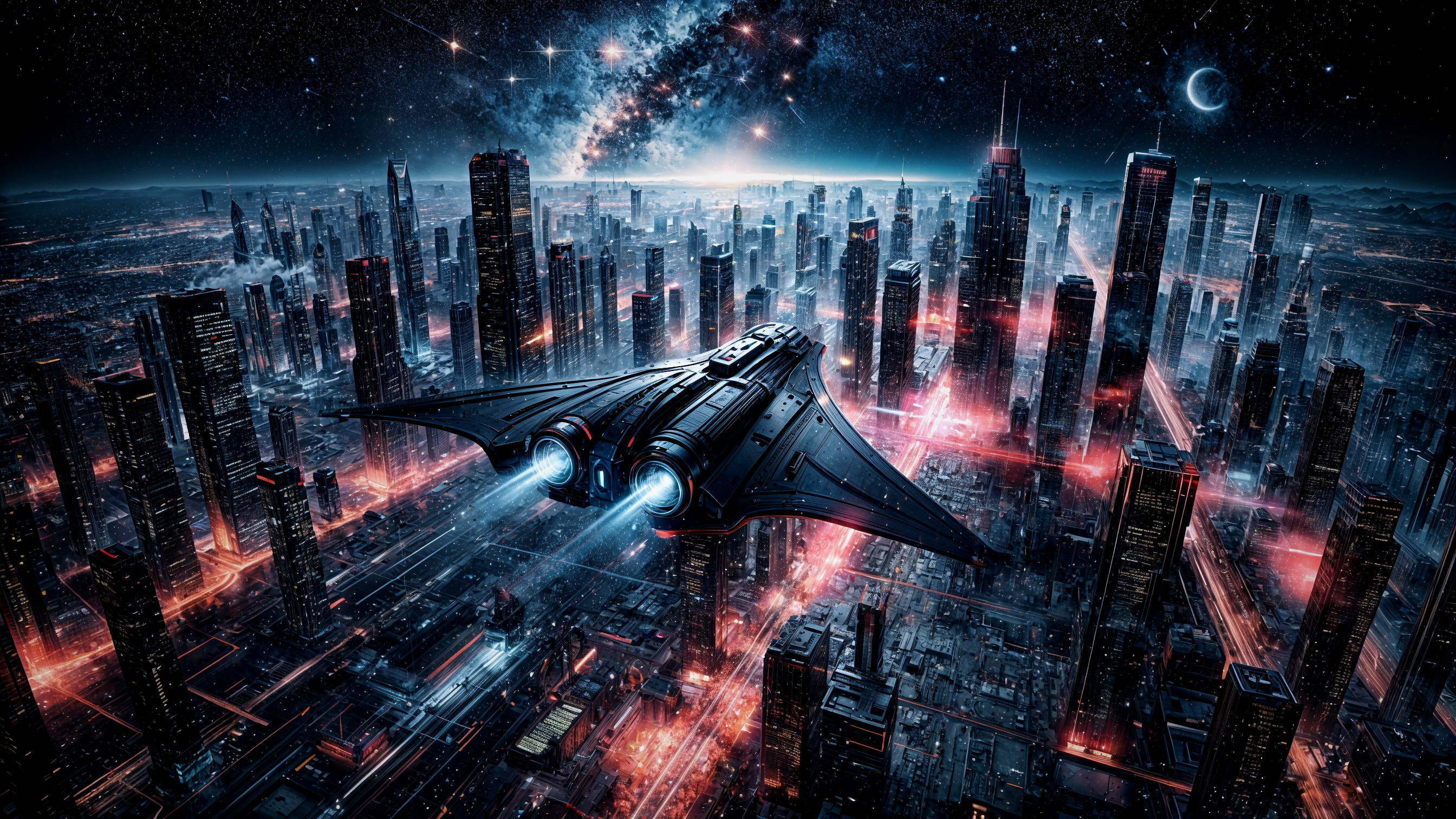 Futuristic spaceship over illuminated cityscape at night