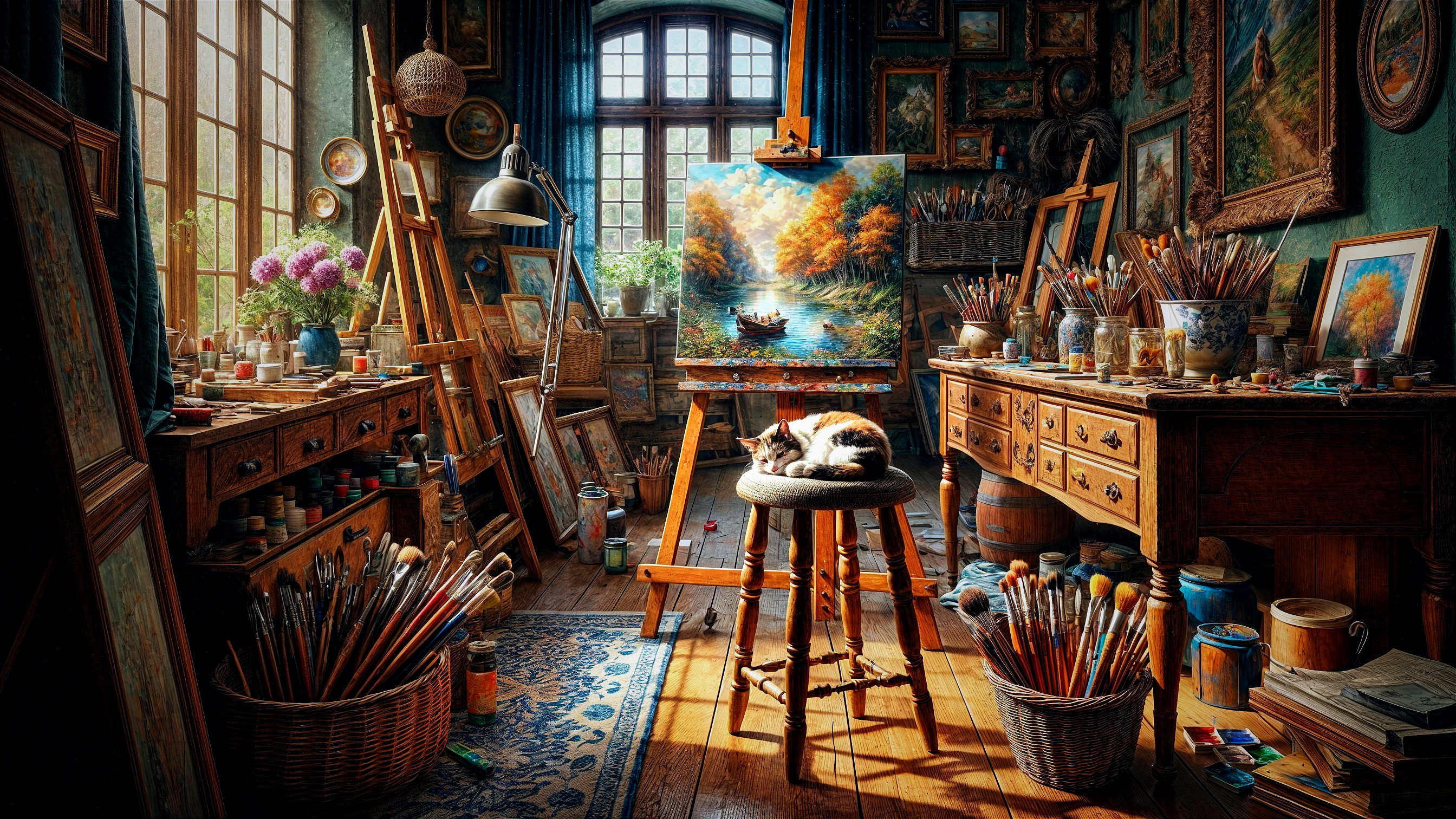 Cozy artist's studio with vibrant paints and sunlight