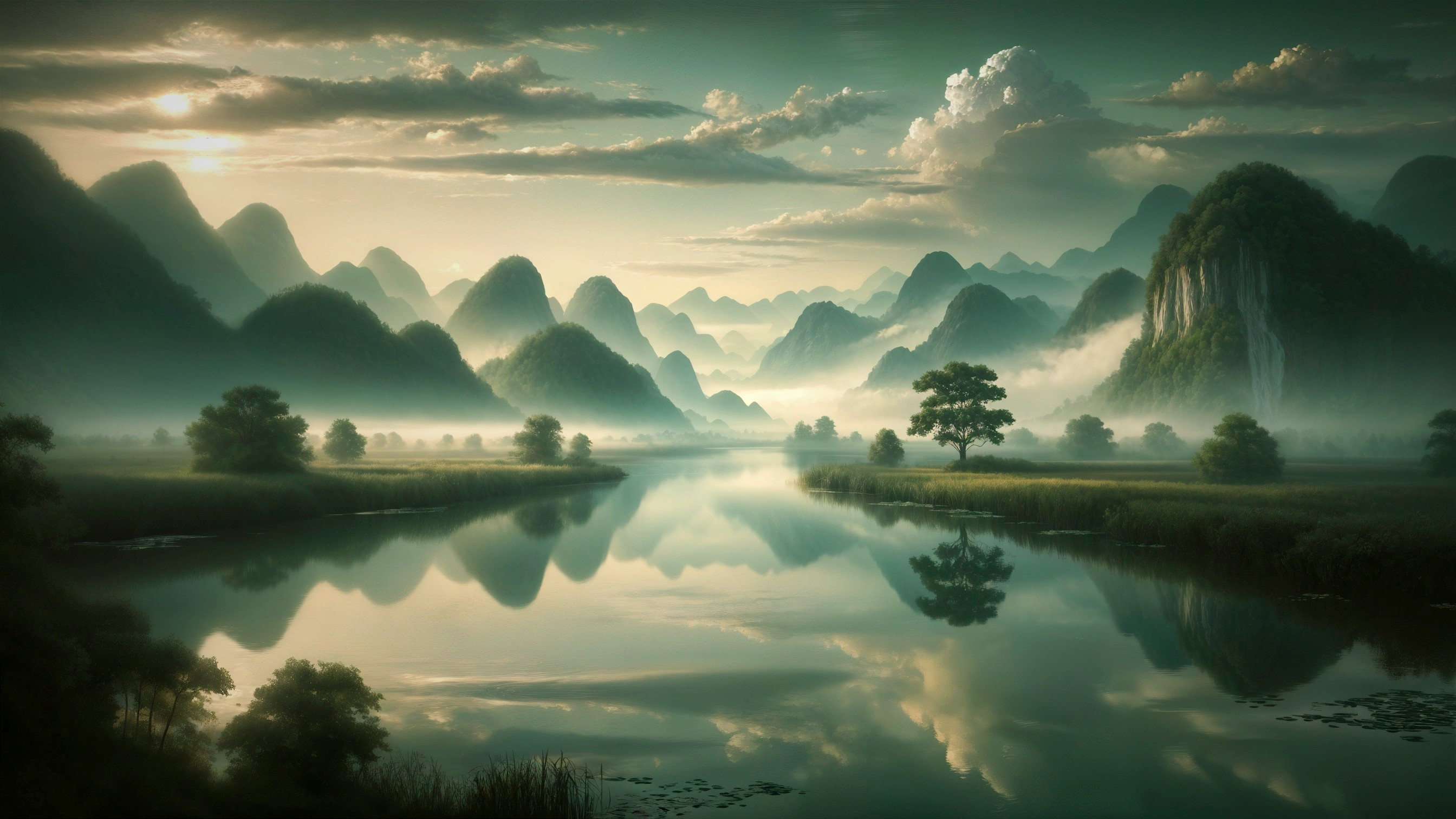 Mist-Covered Mountains Reflected in a Tranquil River