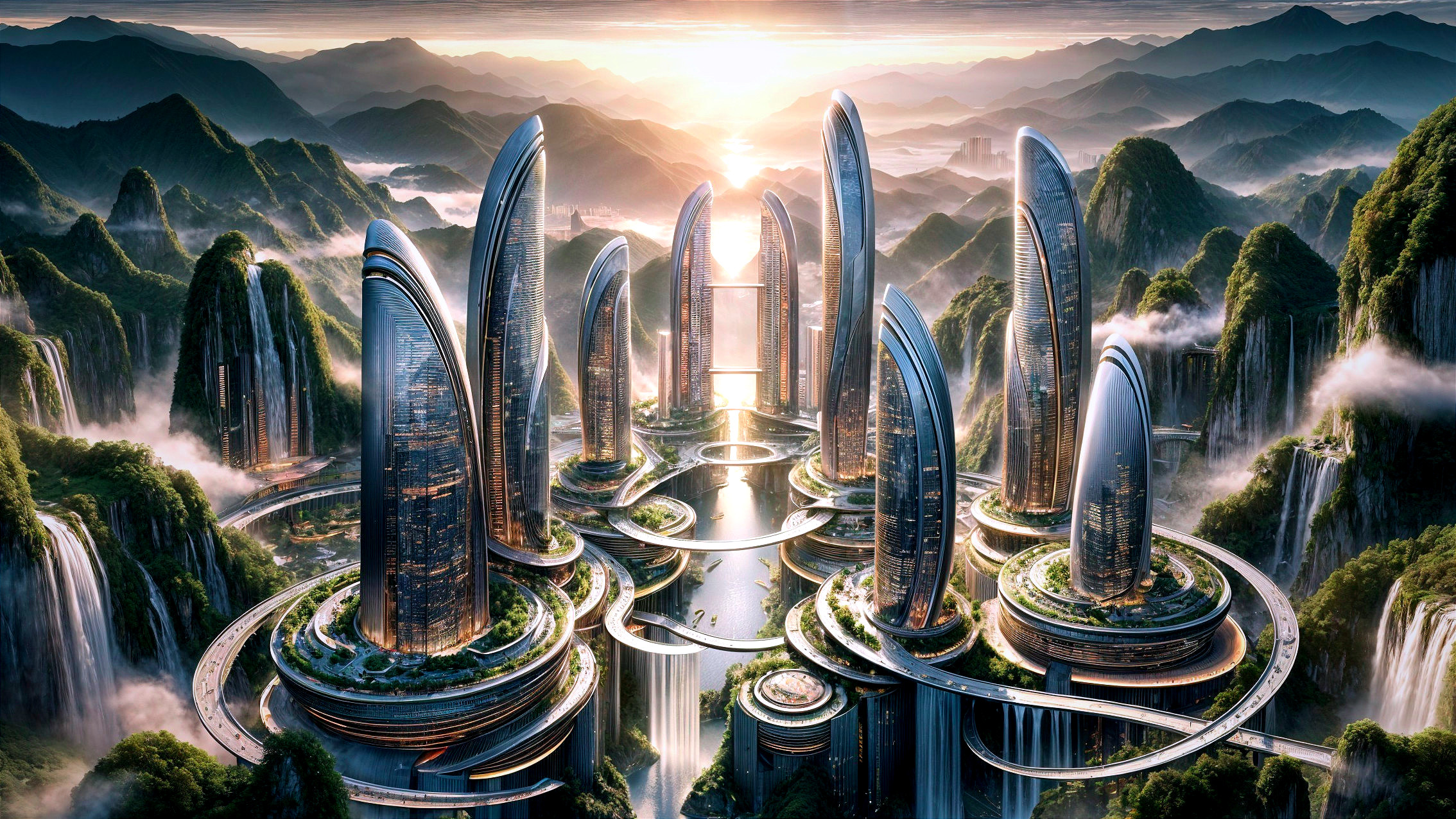 Futuristic Cityscape with Skyscrapers and Nature