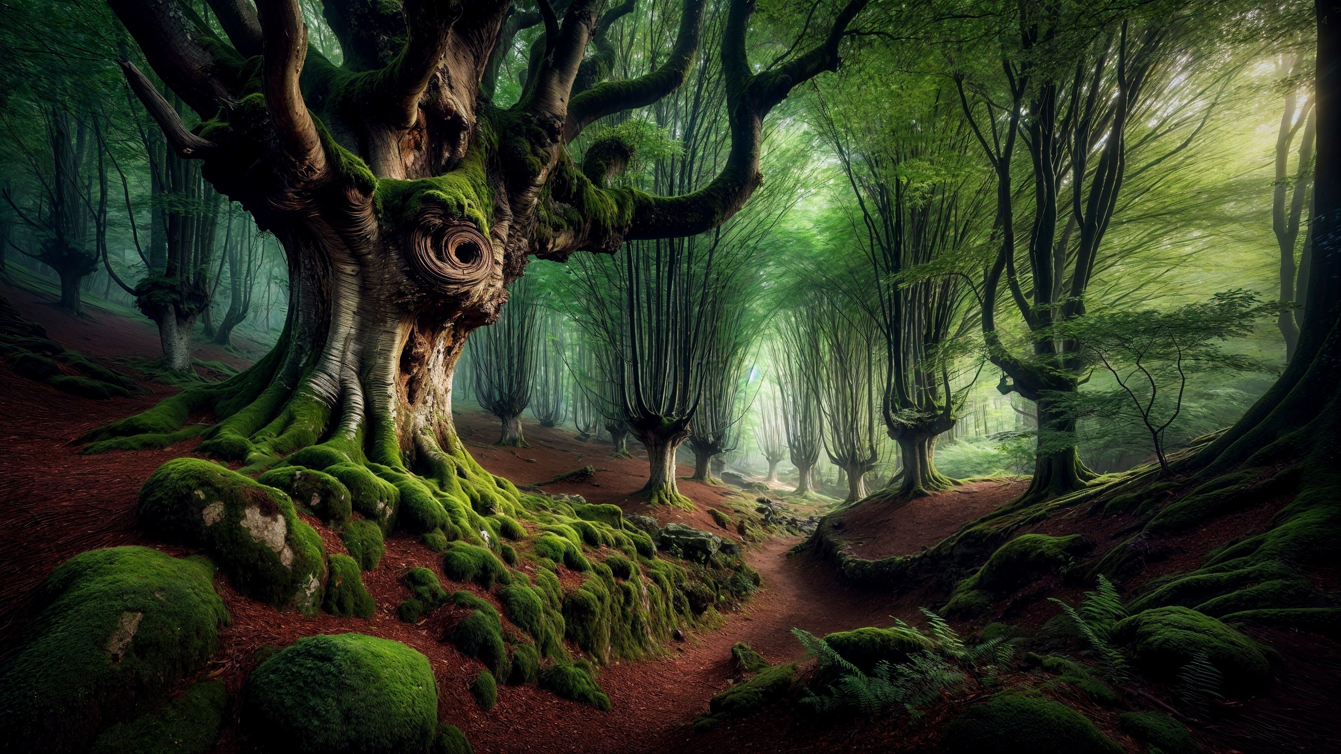 Mystical Forest with Ancient Trees and Sunlit Path