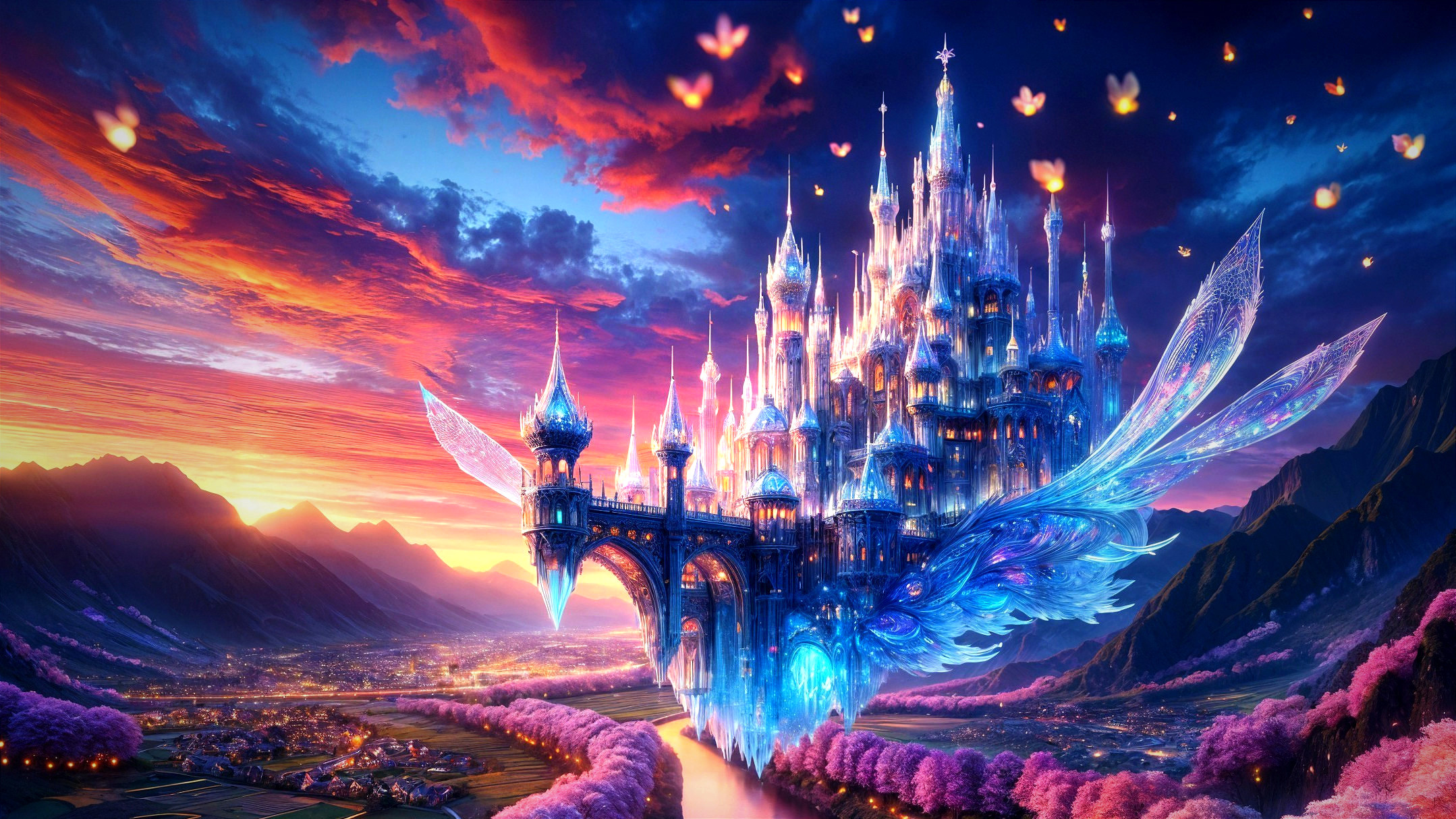 Majestic Fantasy Castle at Sunset with Cherry Blossoms