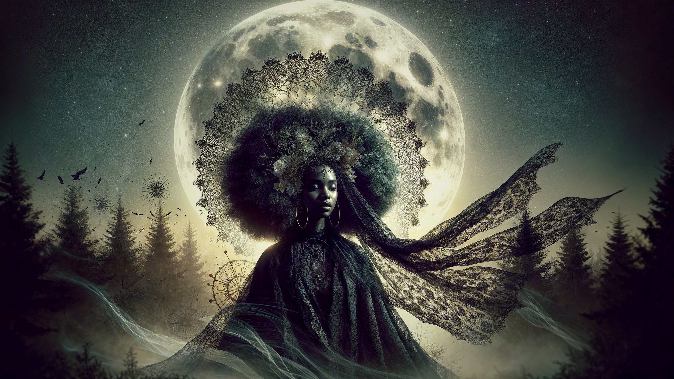 Mystical figure in a moonlit enchanted forest scene