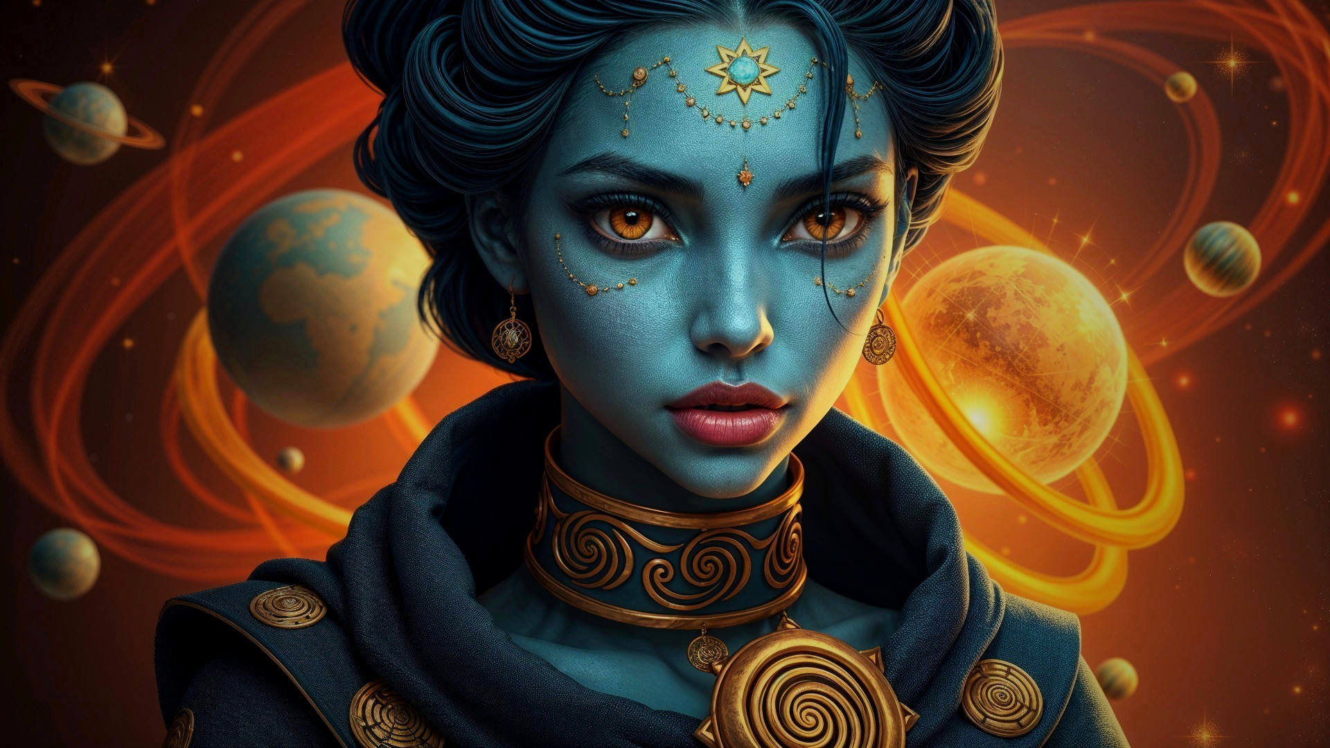 Blue-Skinned Figure with Cosmic Backdrop and Jewelry