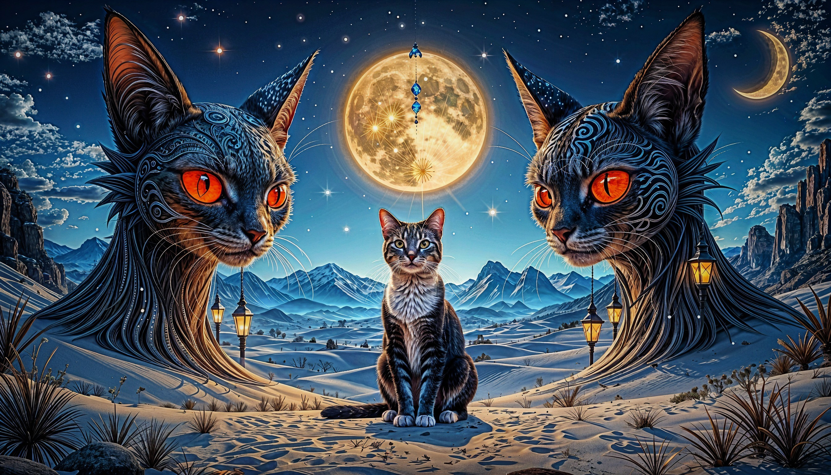 Surreal Desert Scene with Cat Heads and Moonlight