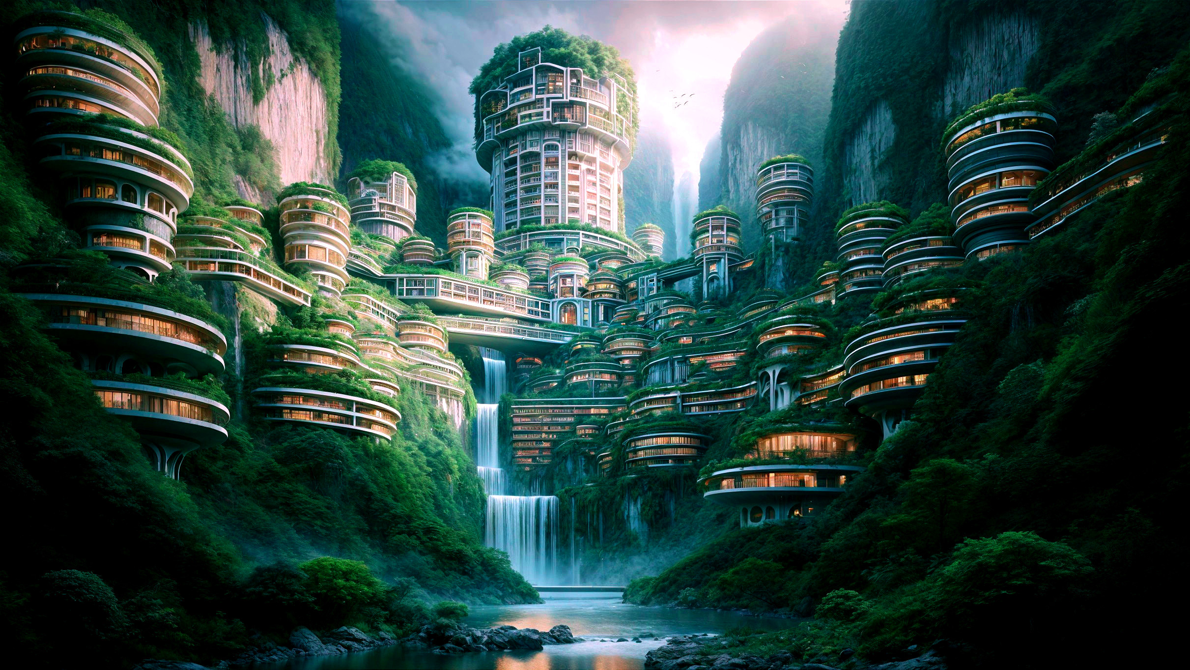 Futuristic Cityscape in a Lush Canyon Setting