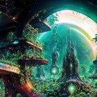 Futuristic landscape with luminescent structures and greenery