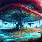 Vibrant Otherworldly Landscape with Colorful Tree