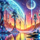 Vibrant Sci-Fi Landscape with Luminescent Trees and Lake