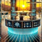 Futuristic kitchen with high-tech appliances and sunset view