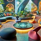 Vibrant Lounge with Exotic Plants and Colorful Furniture