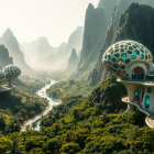Futuristic Landscape with Pod-Like Structures and Mountains