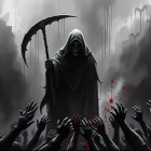 Cloaked Figure with Scythe in Eerie Landscape