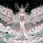 Celestial Figure with Floral Wings in Dreamy Landscape