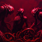 Grotesque Humanoid Figures on Crimson Background