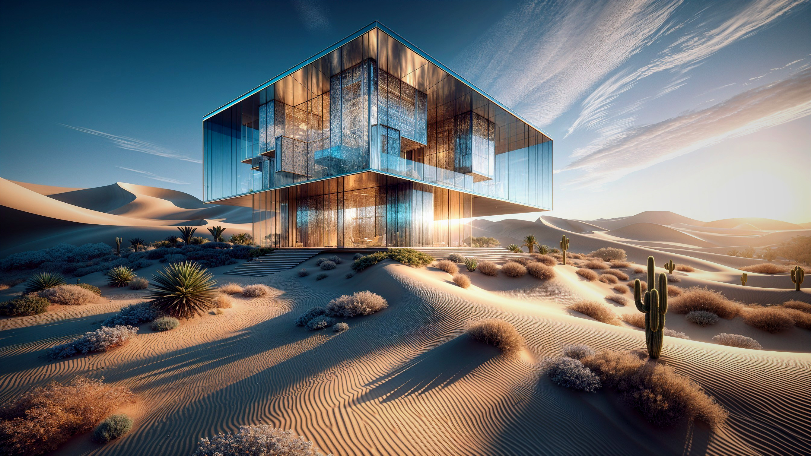 Modern Glass Architectural Structure in Desert Landscape