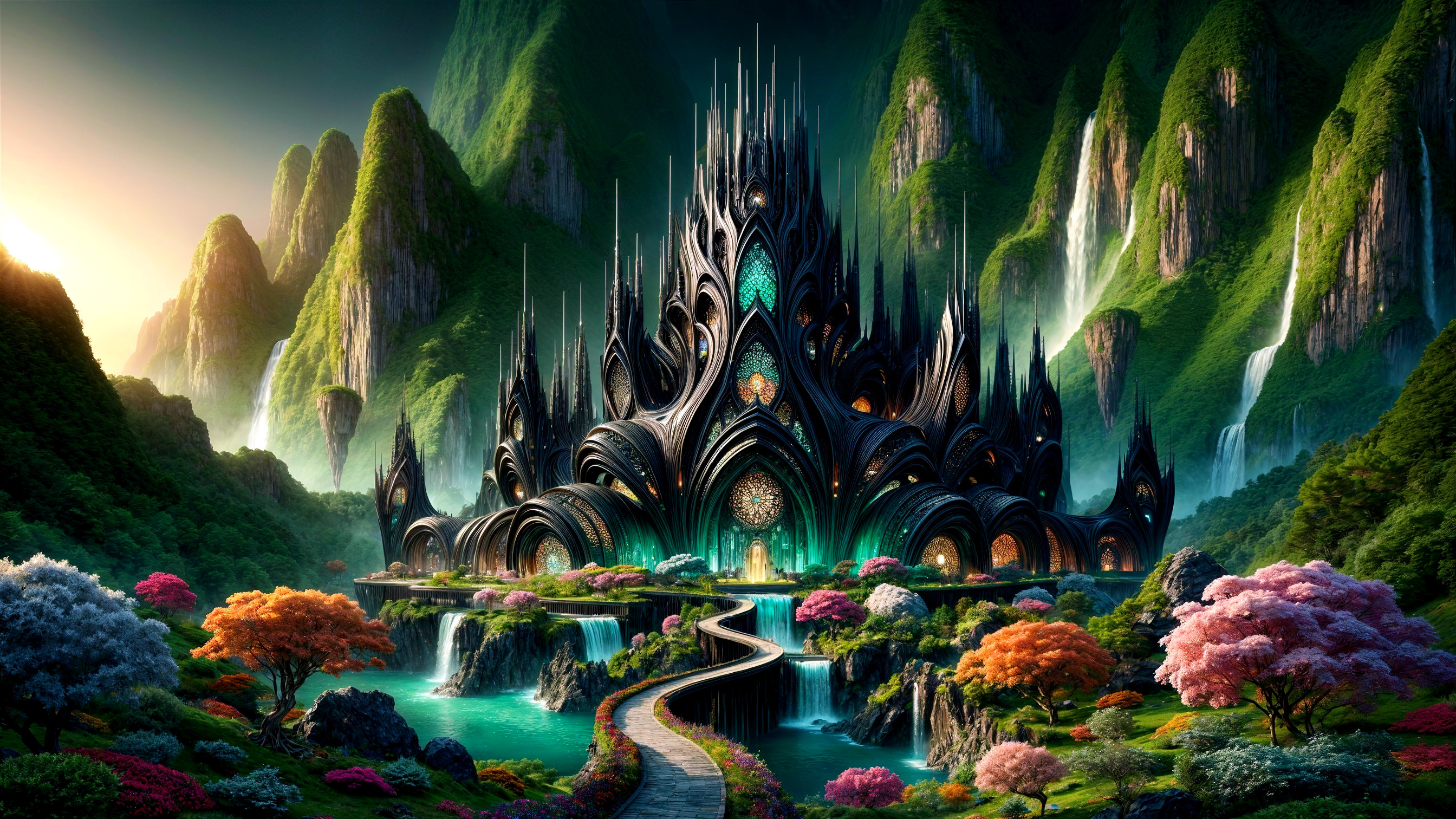 Majestic Castle Surrounded by Lush Mountains and Waterfalls