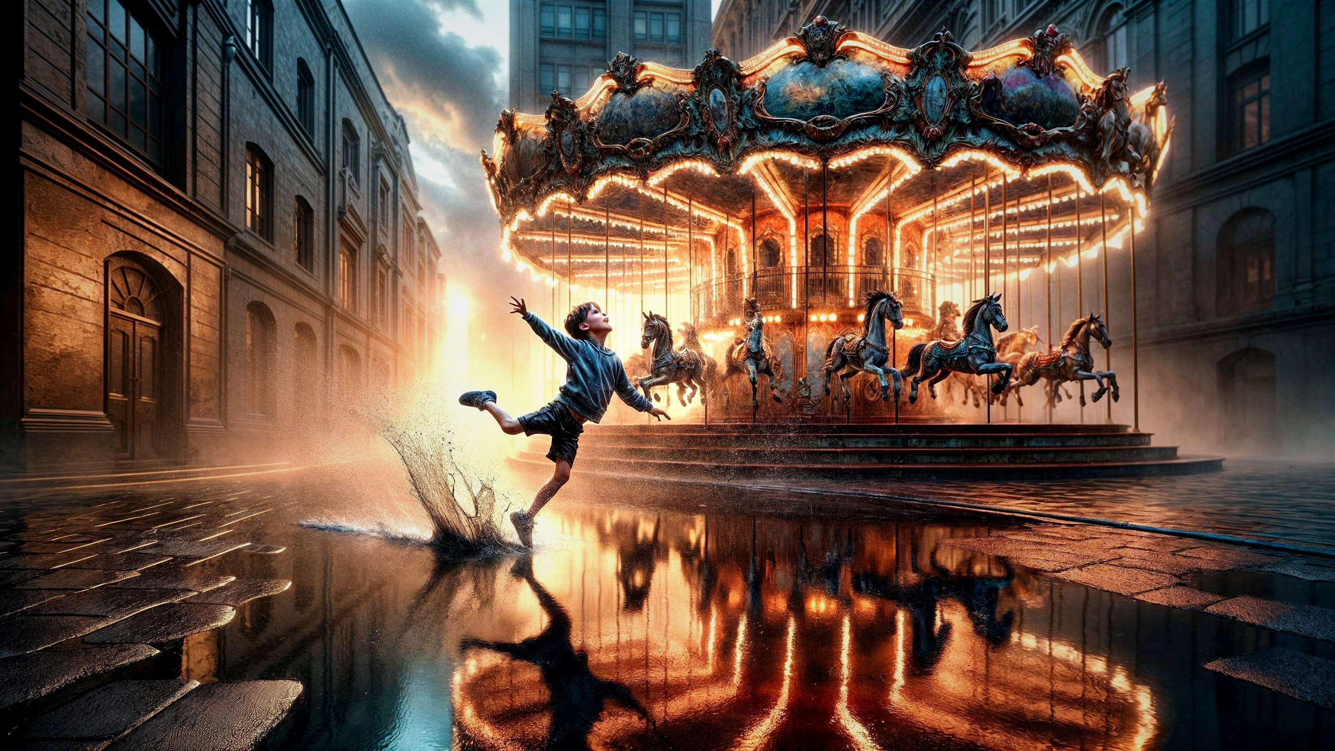 Child Splashing in Puddles Near a Carousel at Dusk
