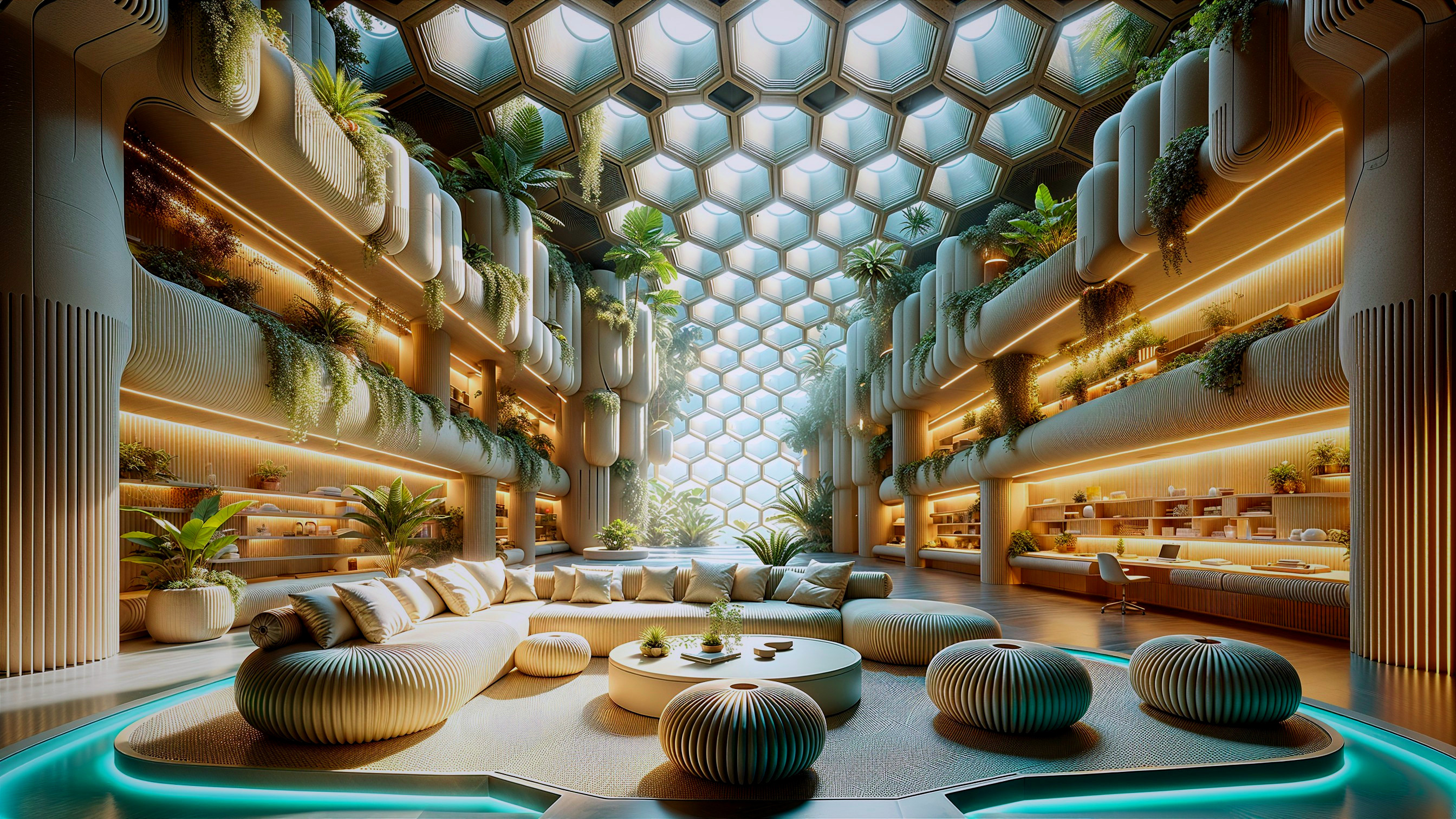 Futuristic Lounge with Honeycomb Ceiling and Greenery