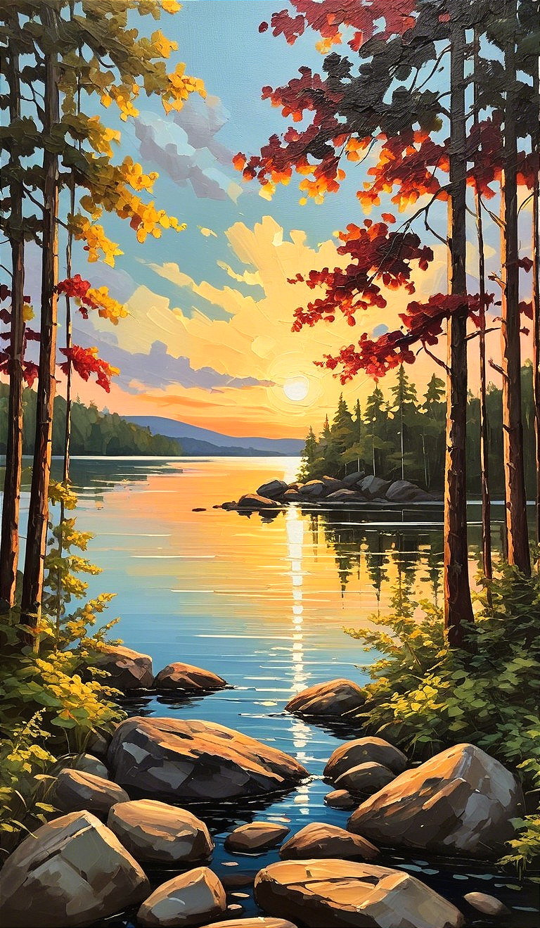 Serene Lakeside Scene at Sunset with Autumn Foliage