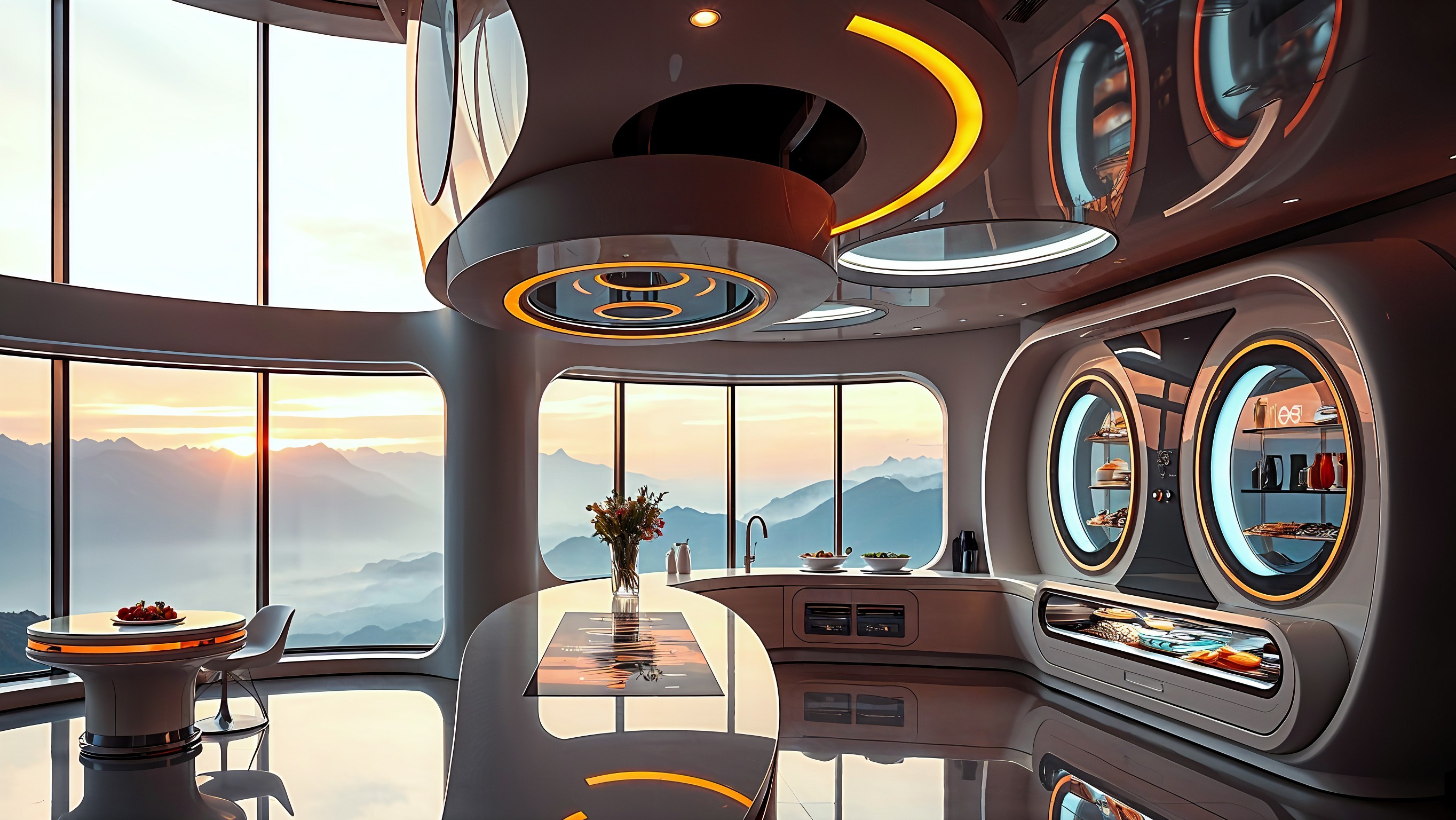 Futuristic Kitchen Design with Mountain Sunset View