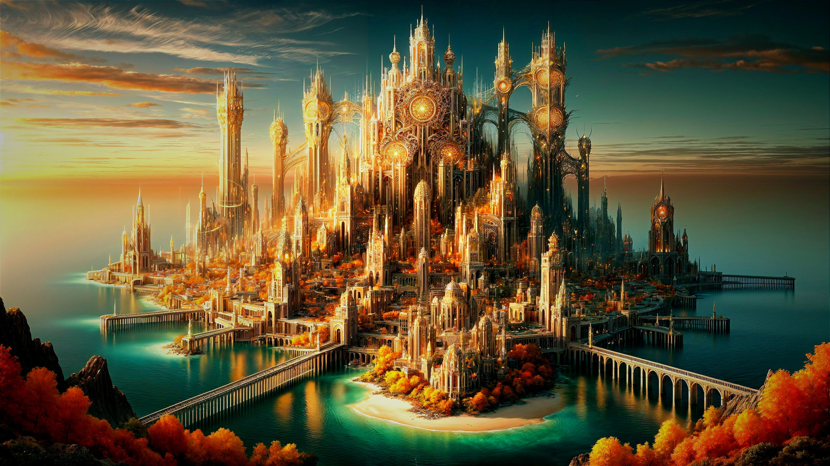 Fantastical City with Steampunk Elements by the Ocean