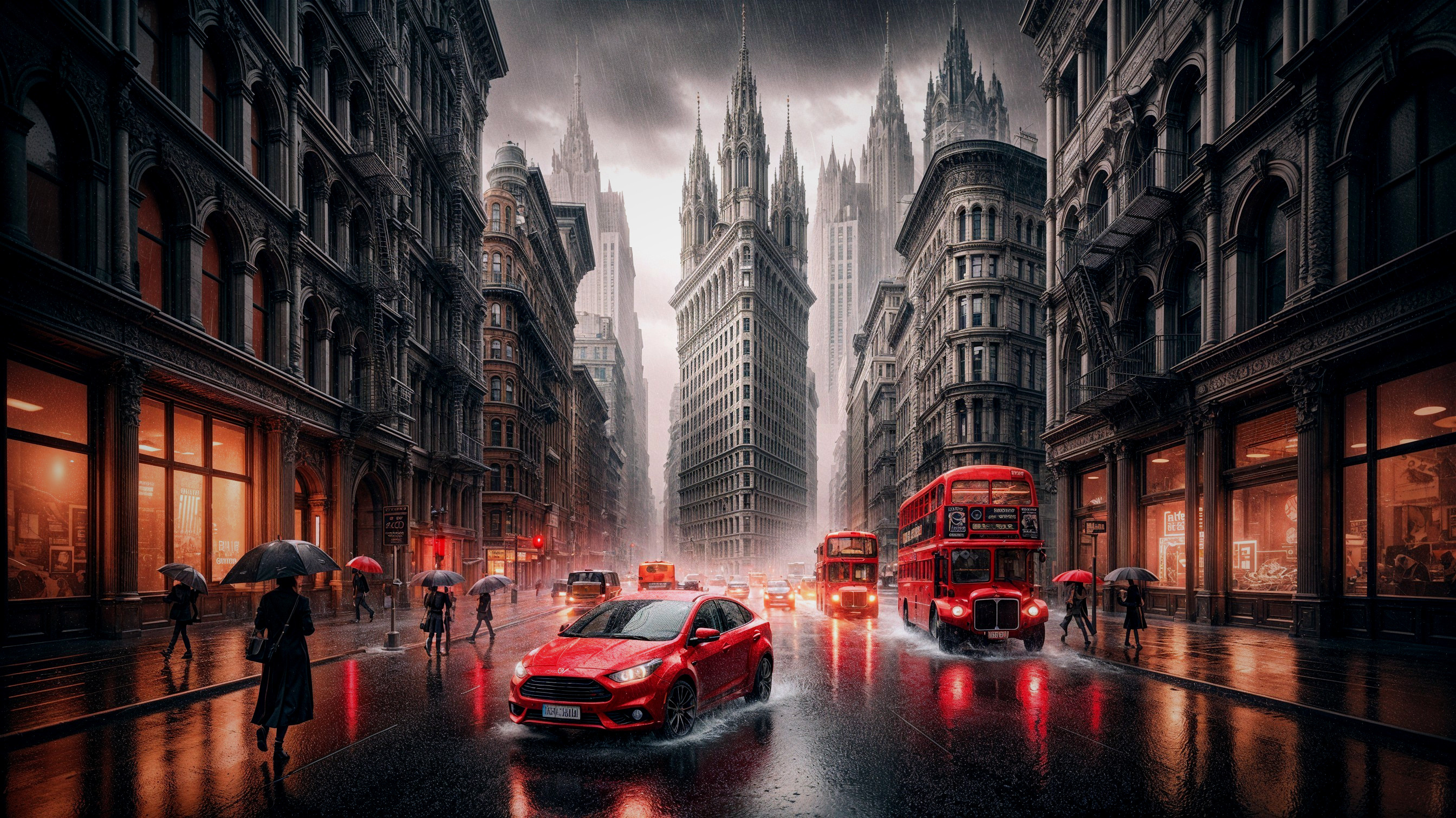 Rainy Urban Scene with Historic Buildings and Buses