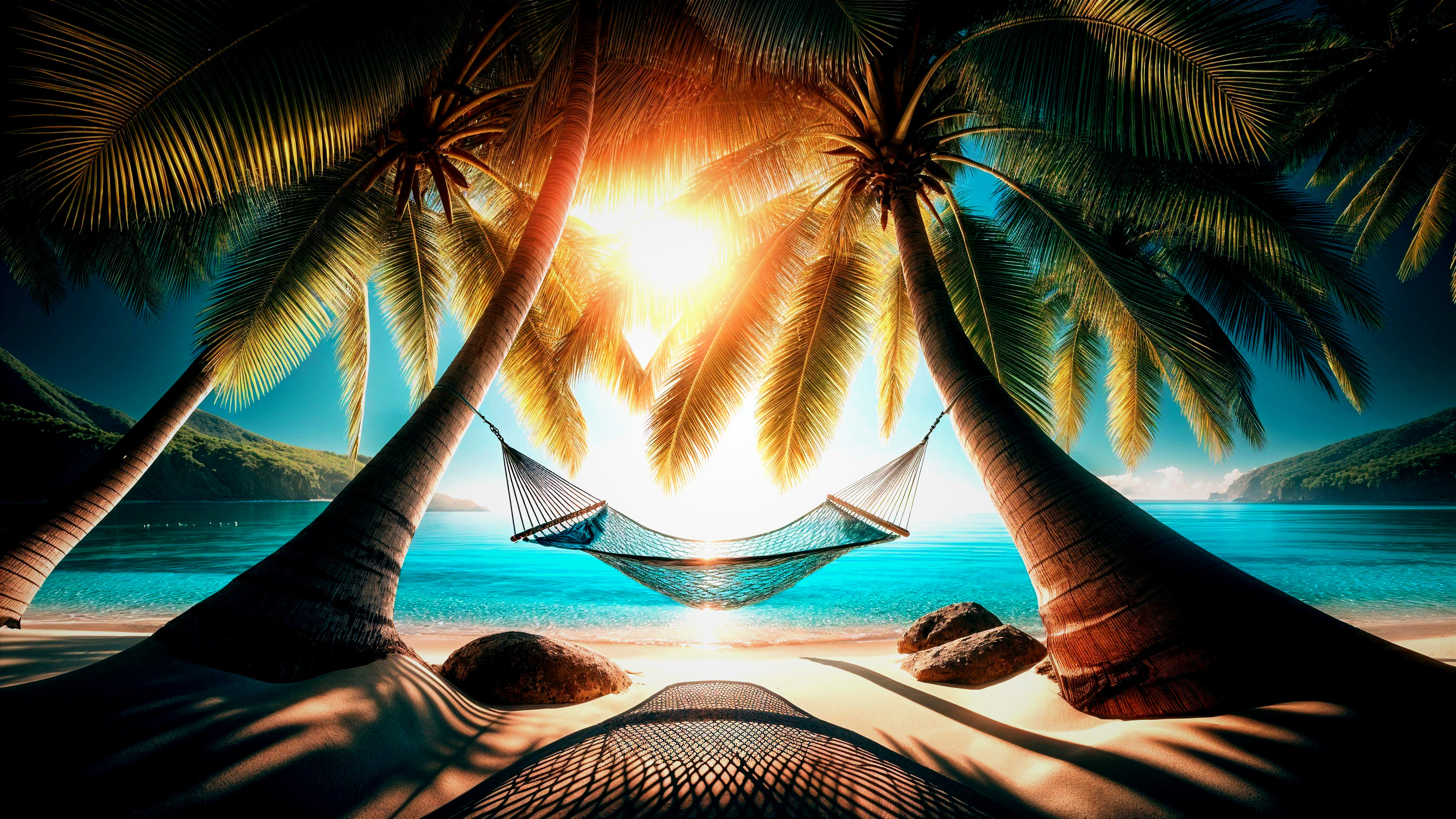 Tranquil beach scene with palm trees and hammock