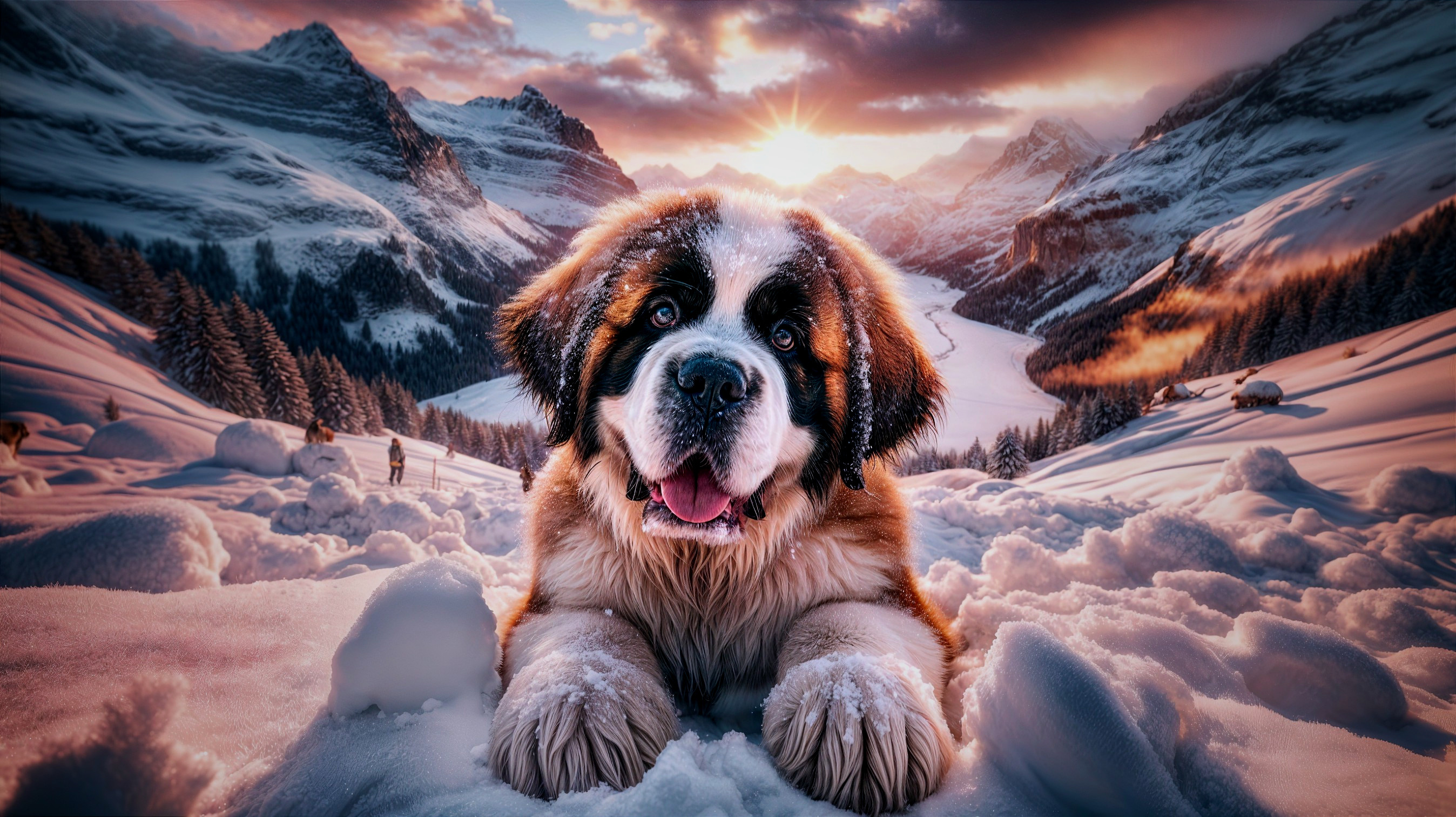 Fluffy Saint Bernard Puppy in Snowy Landscape