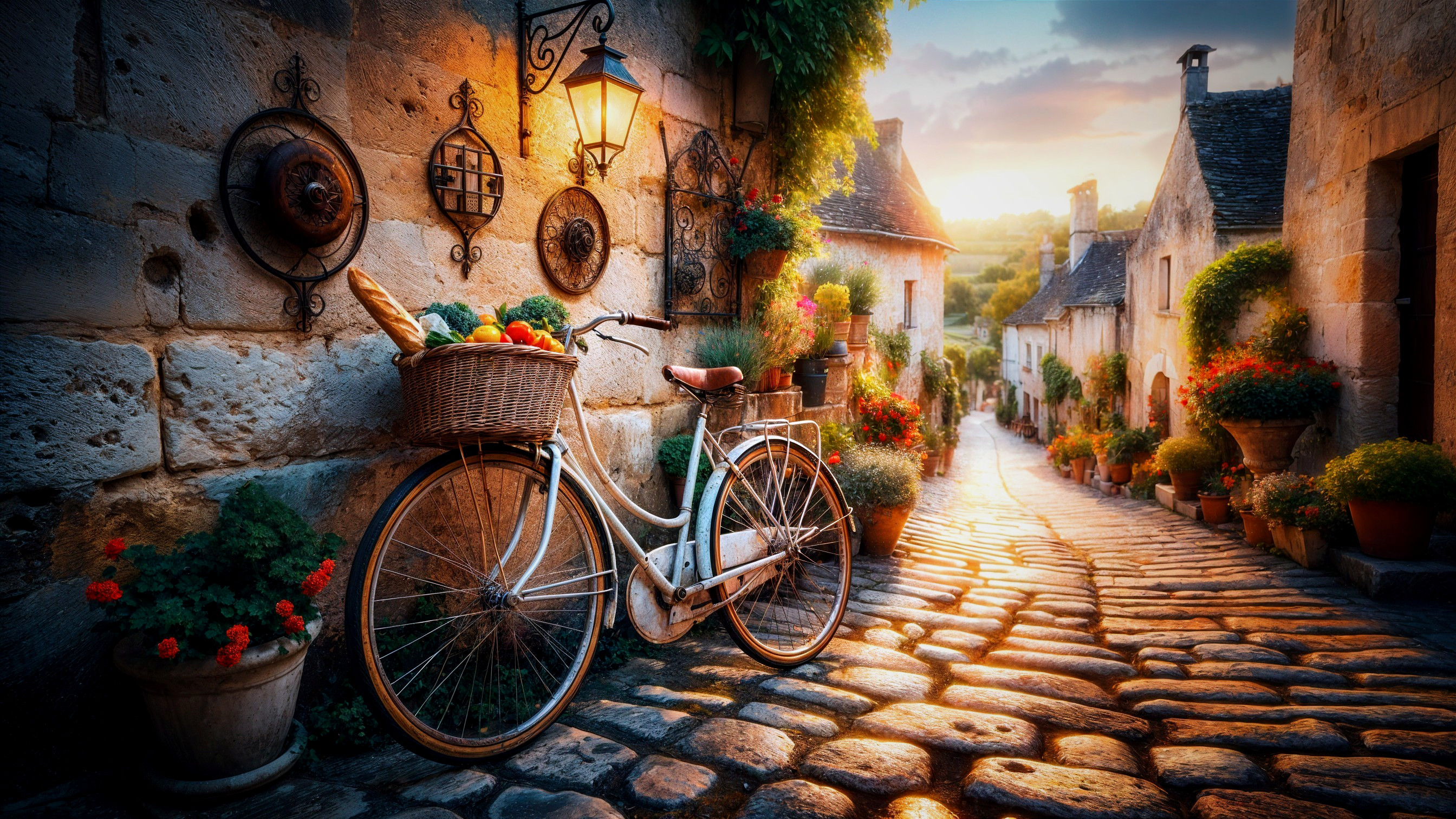 Charming Cobblestone Street with Vintage Bicycle Scene