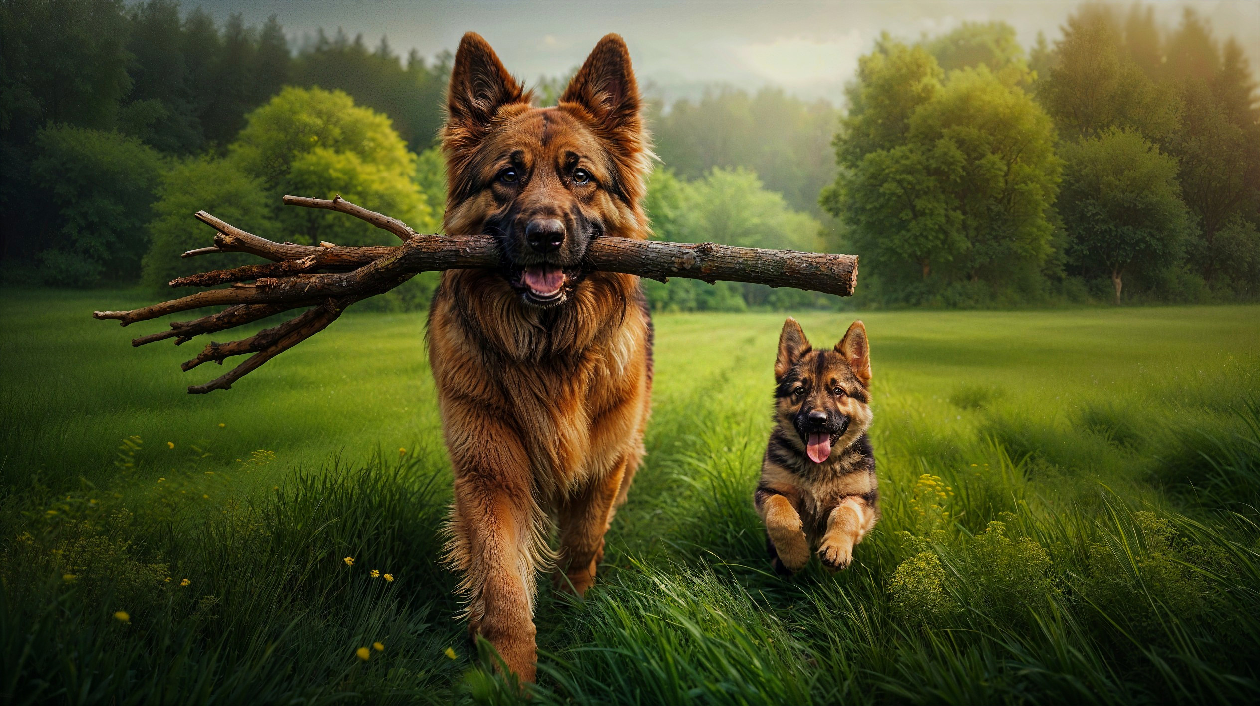 German Shepherd and Puppy Play in Lush Meadow