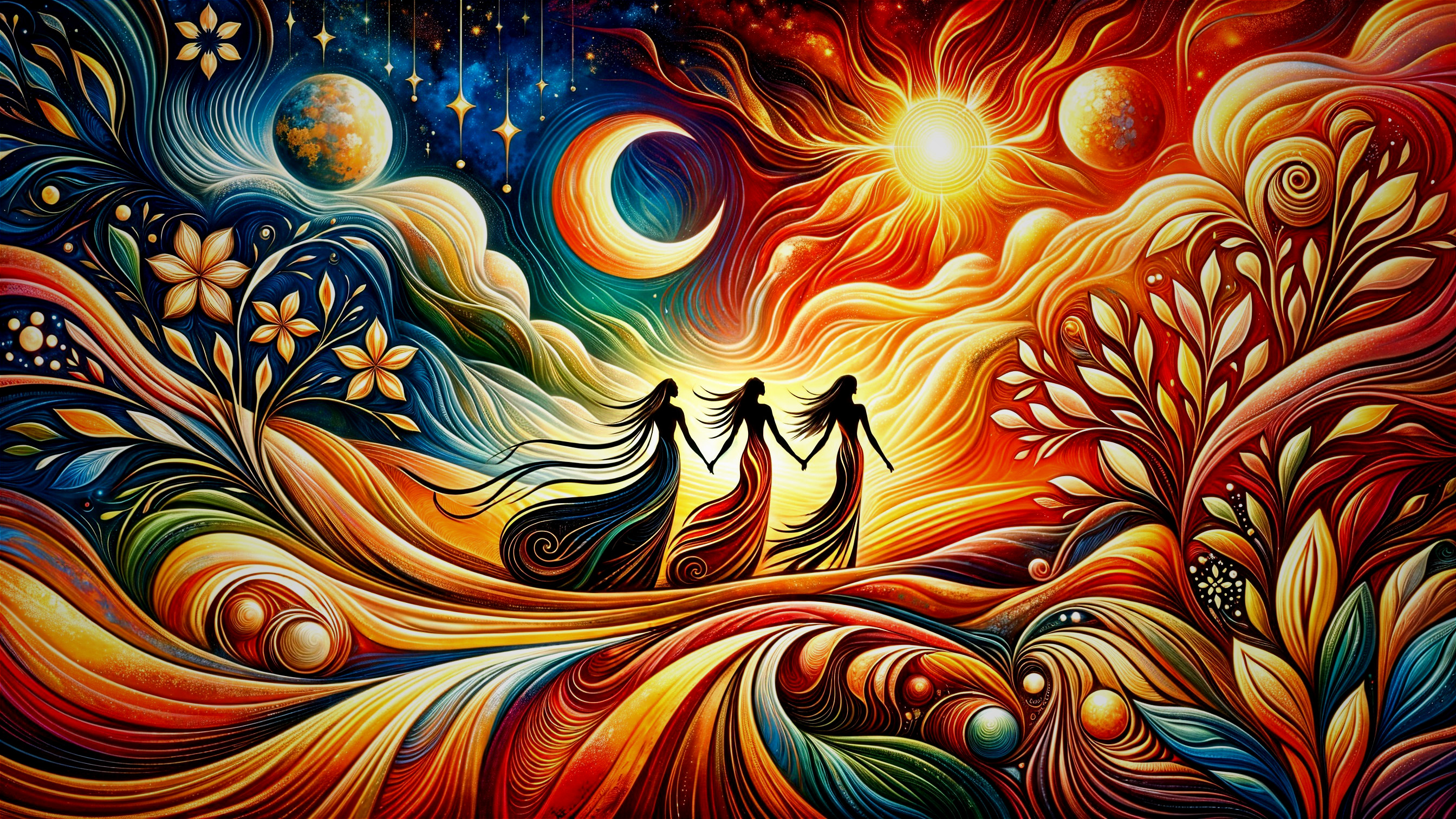 Vibrant Landscape with Silhouetted Figures and Celestial Bodies