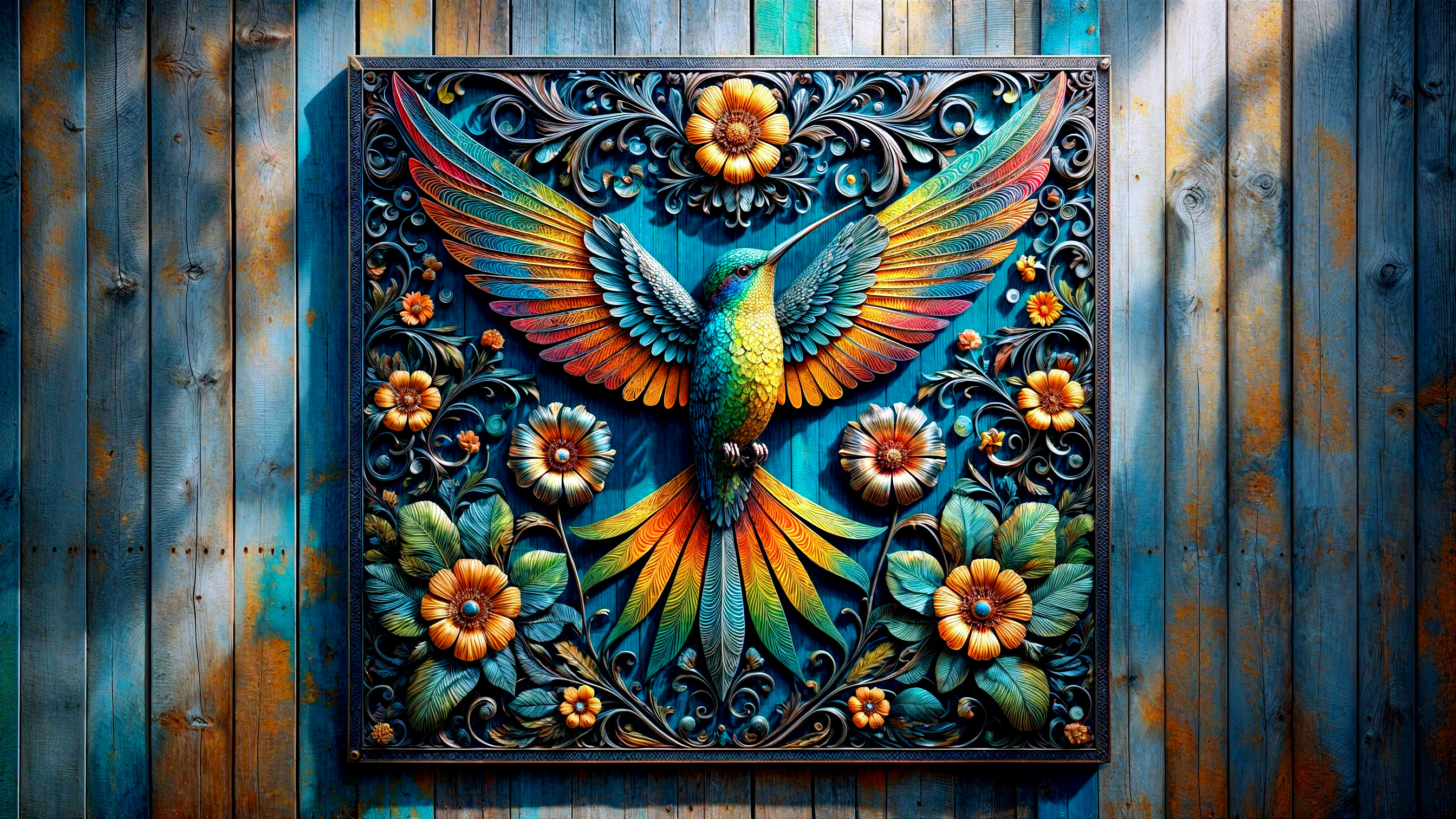 Intricate Wall Artwork with Colorful Hummingbird Design
