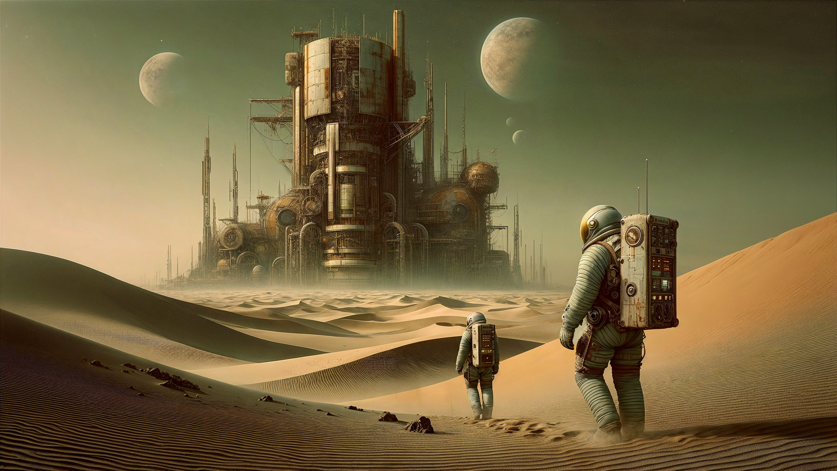Astronauts in a surreal desert with futuristic structure