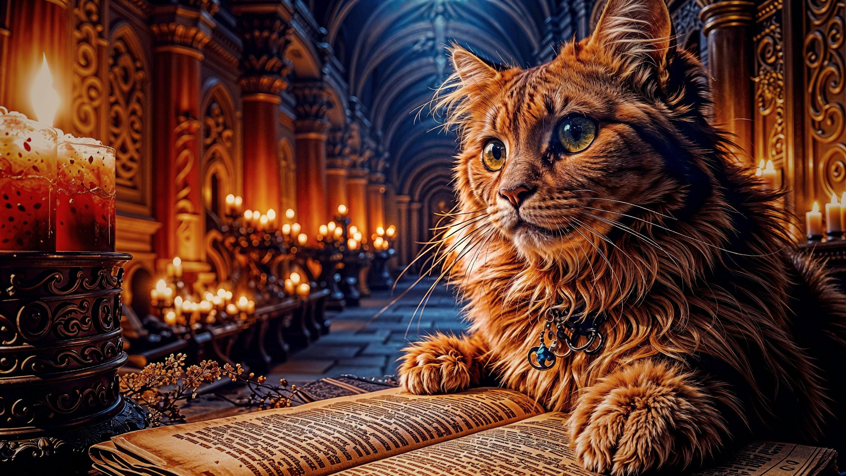 Fluffy Cat with Green Eyes in Dimly Lit Room