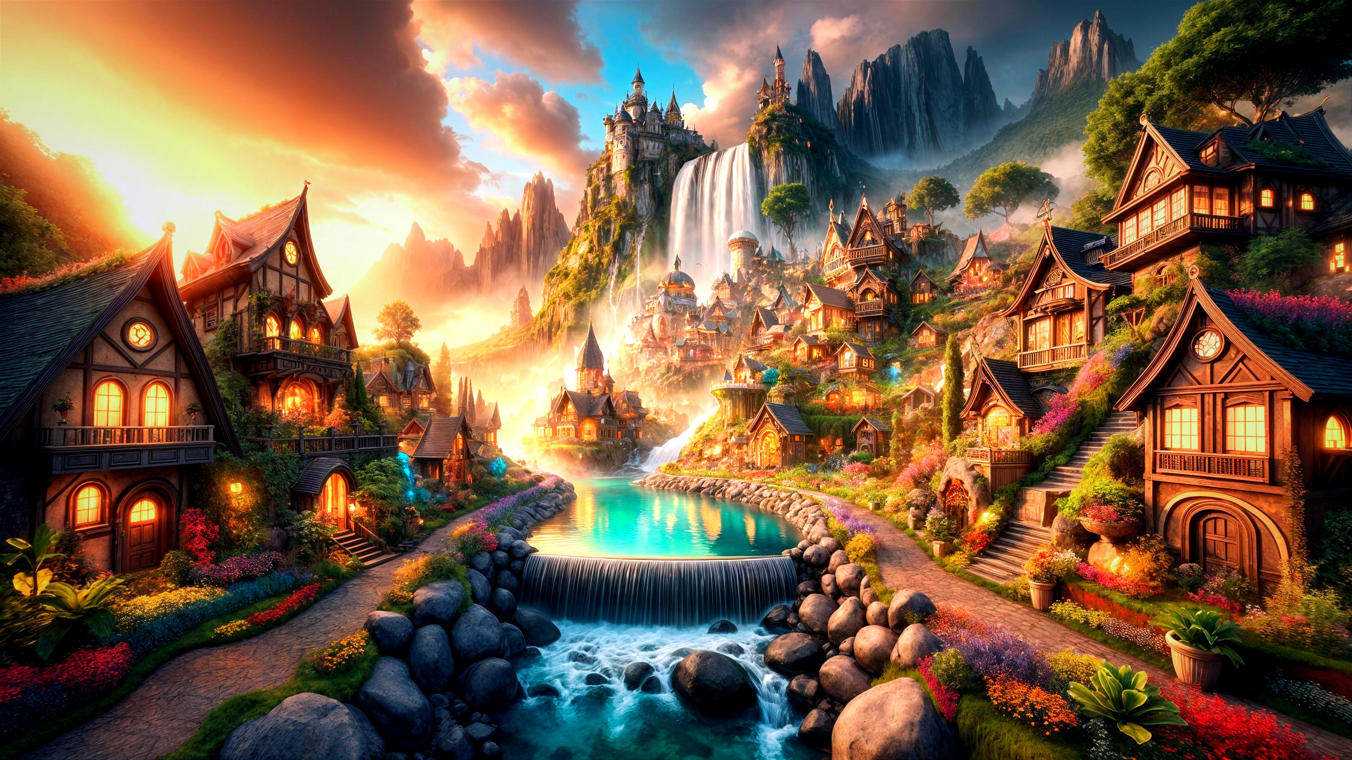 Fantasy Village at Sunset with Lush Mountains and Waterfalls