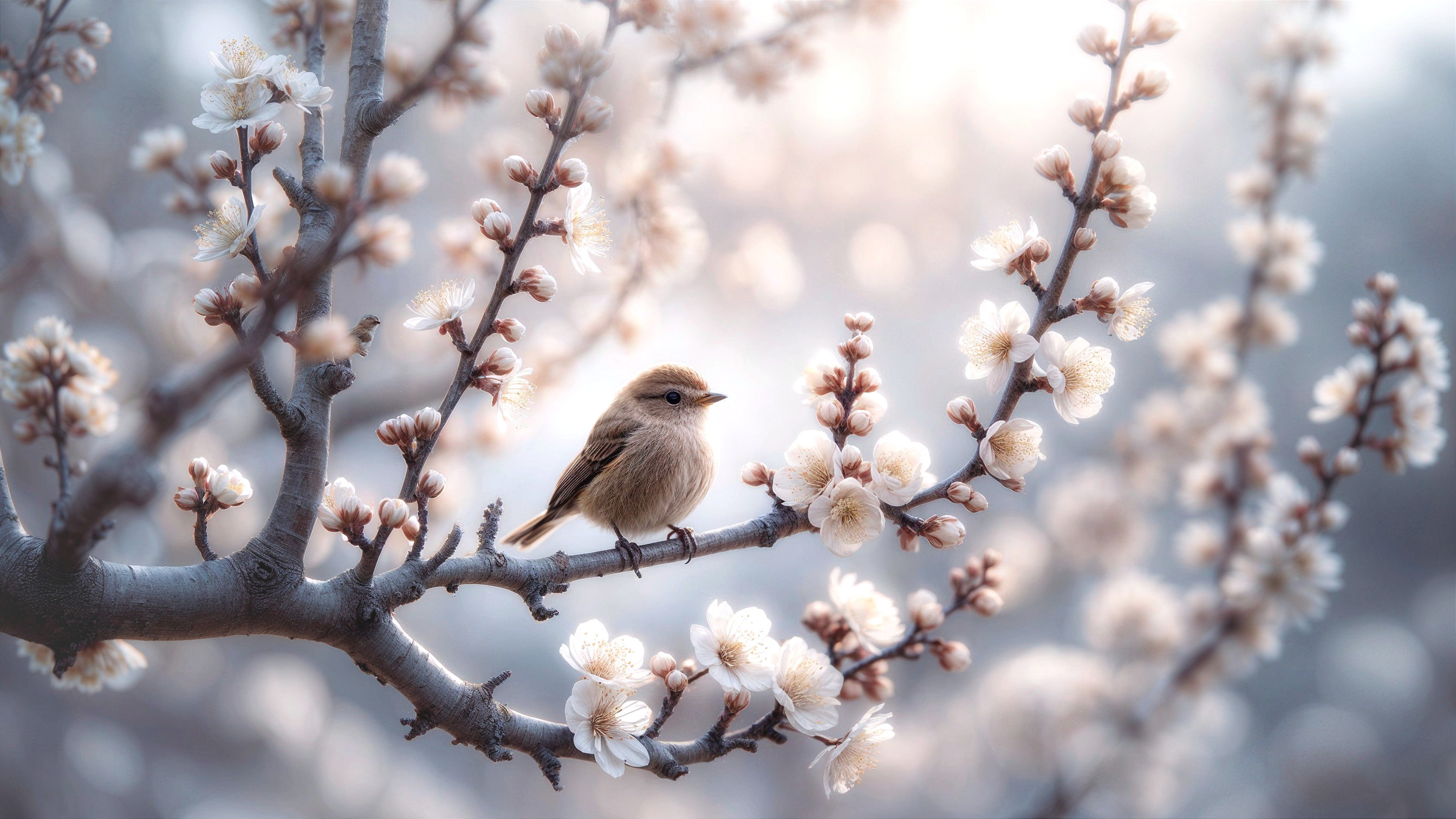 Small bird on flowering branch in serene spring setting