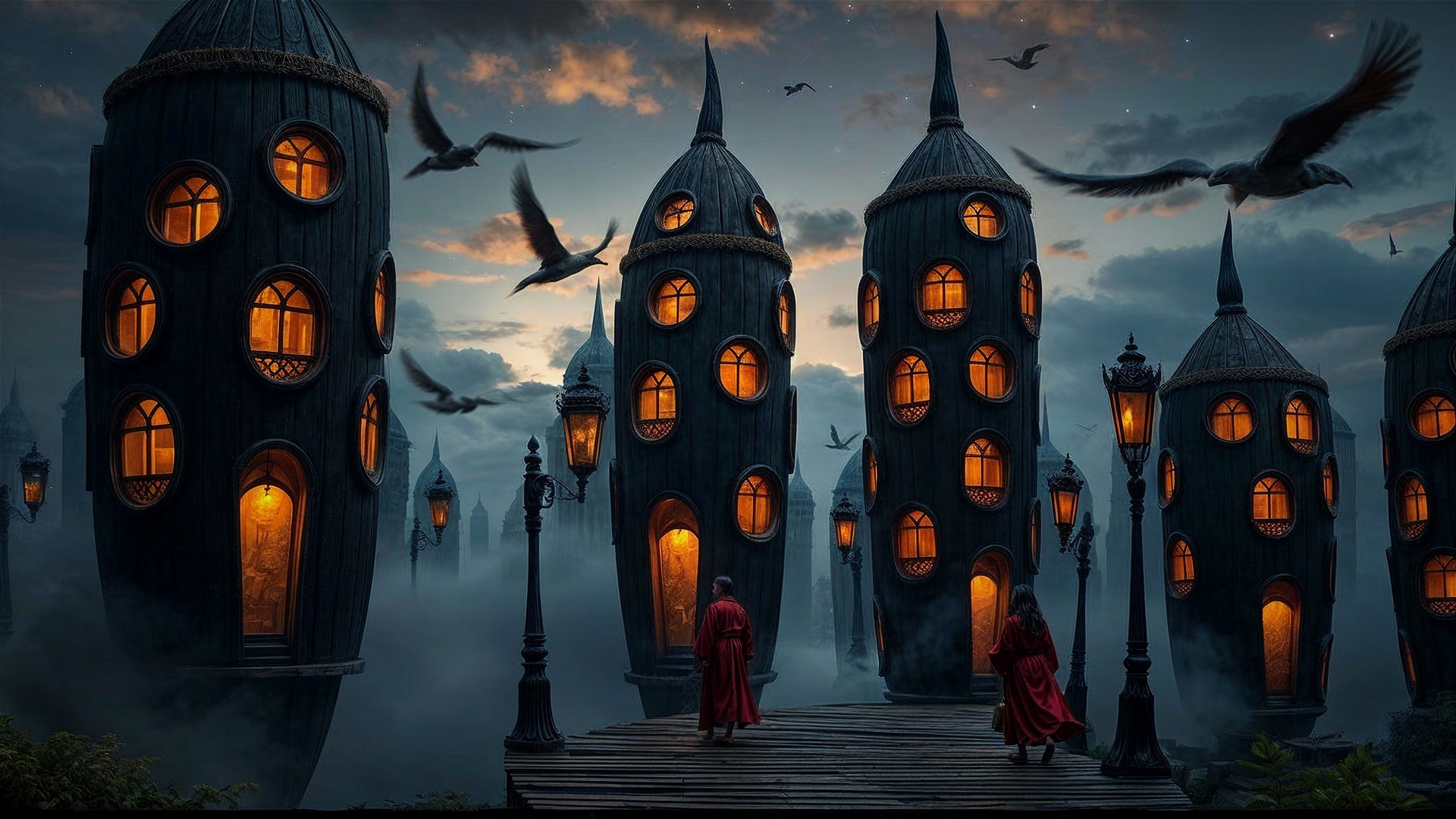 Whimsical Towers and Cloaked Figures in Mystical Landscape